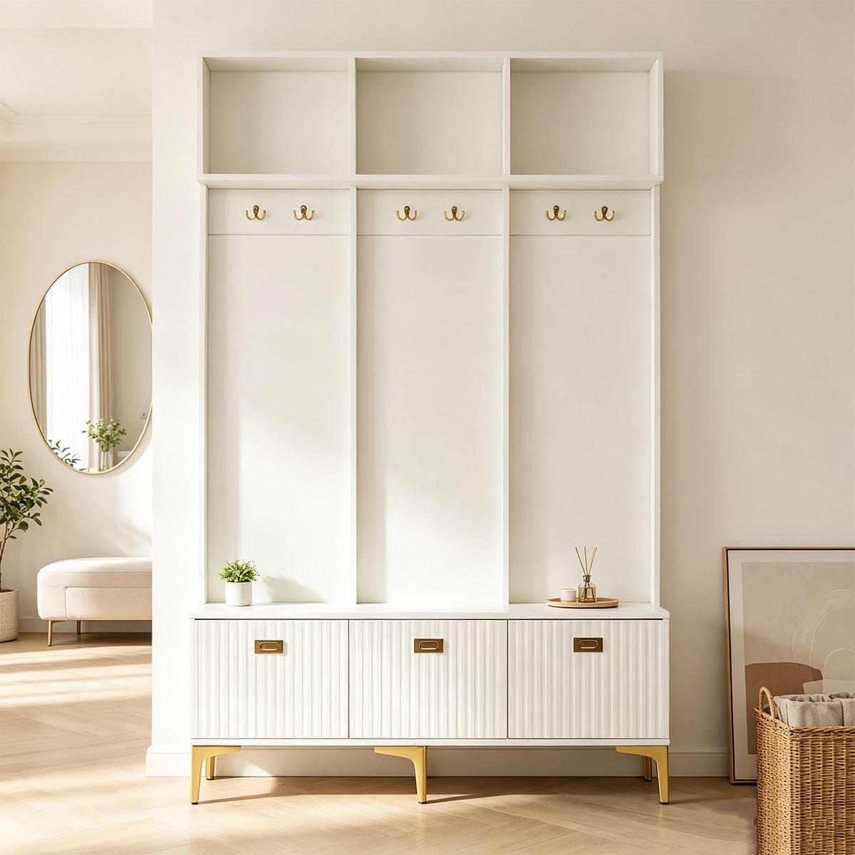 FLUR-SET mit Aufbewahrungsbank, 6 Goldhaken und -beinen, weiß - Weiß, Holzwerkstoff (40/191/120cm) - Meubles Cosy