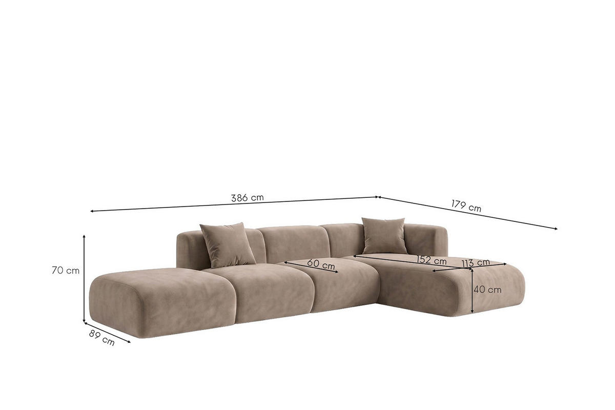 ECKSOFA L-Form Mit Hocker, Velvet-Stoff Bluvel, Latte, Rechts, GRETA - Hellbraun, Holz (386/179cm) - Kaiser Möbel