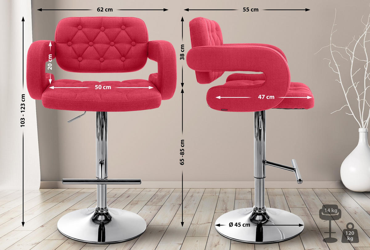 BARHOCKER Stoff rot - Chromfarben/Rot, Textil/Metall (62/103/55cm) - CLP