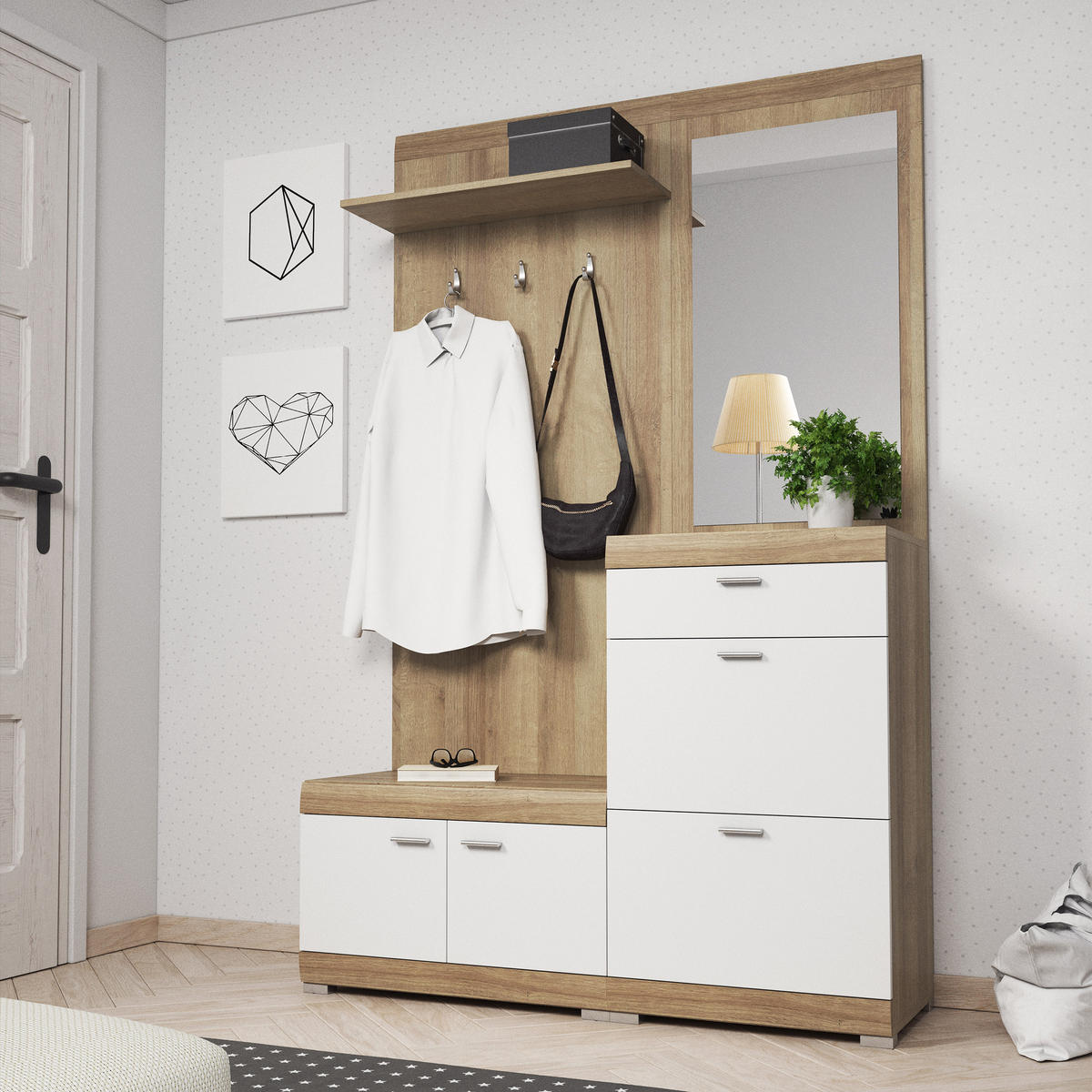 GARDEROBENSCHRANK AURA 135/197/34 cm Modern Garderobe-Set Eichefarben - Eichefarben/Weiß, Holzwerkstoff (135/197/34cm) - MASSENO