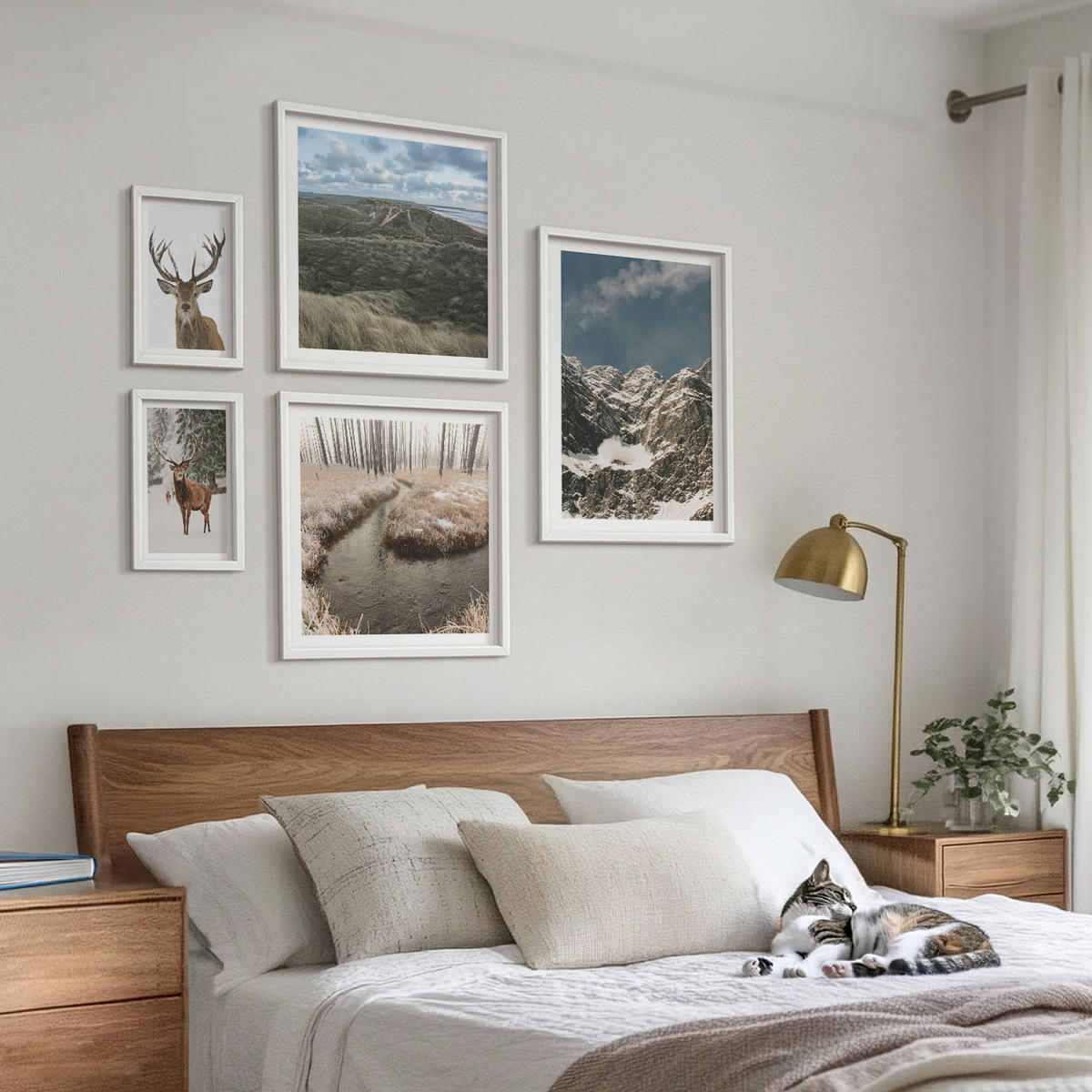 WANDBILDER 5er-Set - 50x50 cm & 20x30 cm & 40x60 cm Weißer Rahmen - Berge, Schnee, Hirsche, Waldlandschaft - Weiß, Kunststoff (40/60cm) - ArtPrintCave