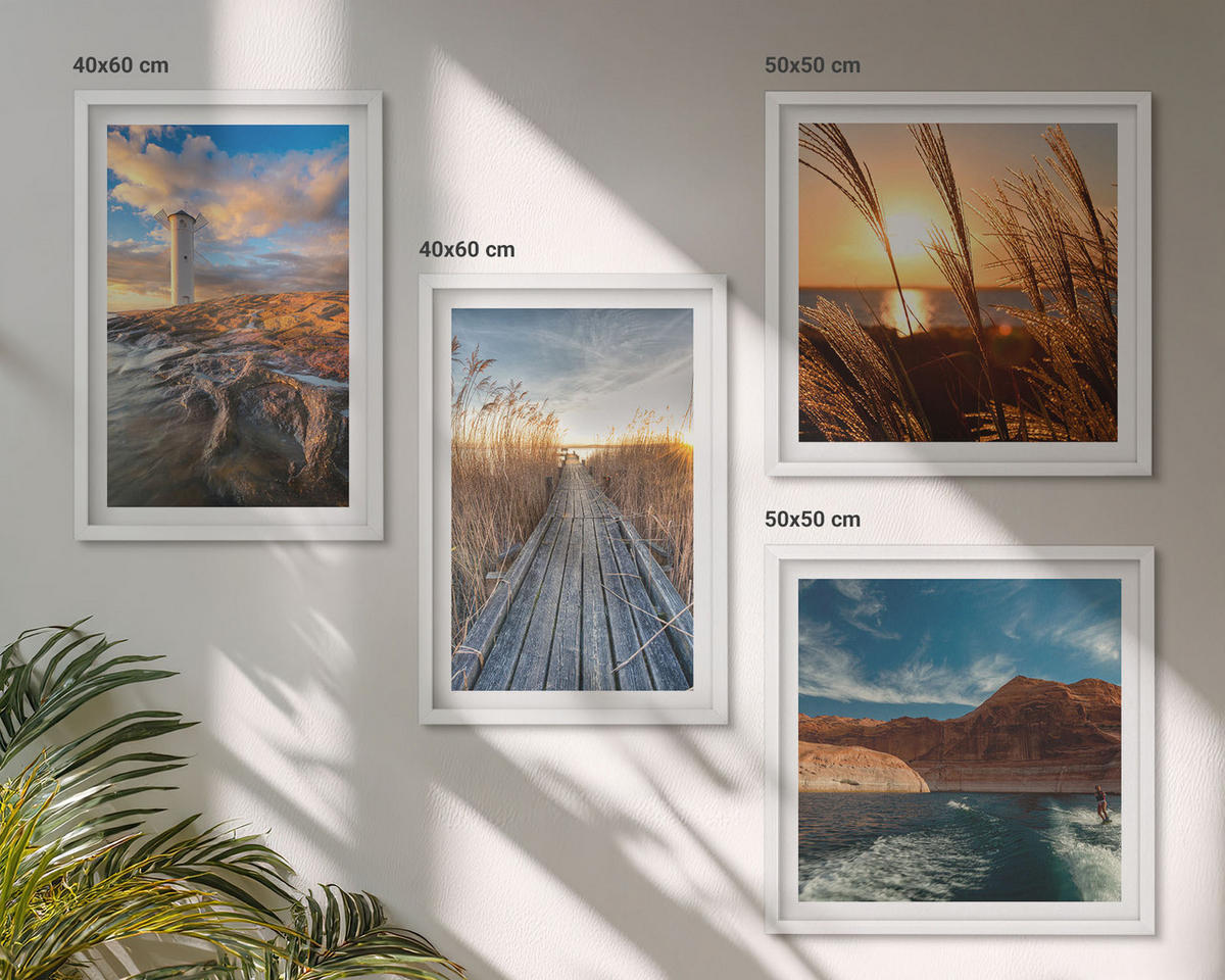 WANDBILDER 4er-Set - 50x50 cm & 40x60 cm Weißer Rahmen - Leuchtturm-Grassteg - Weiß, Kunststoff (50/50cm) - ArtPrintCave