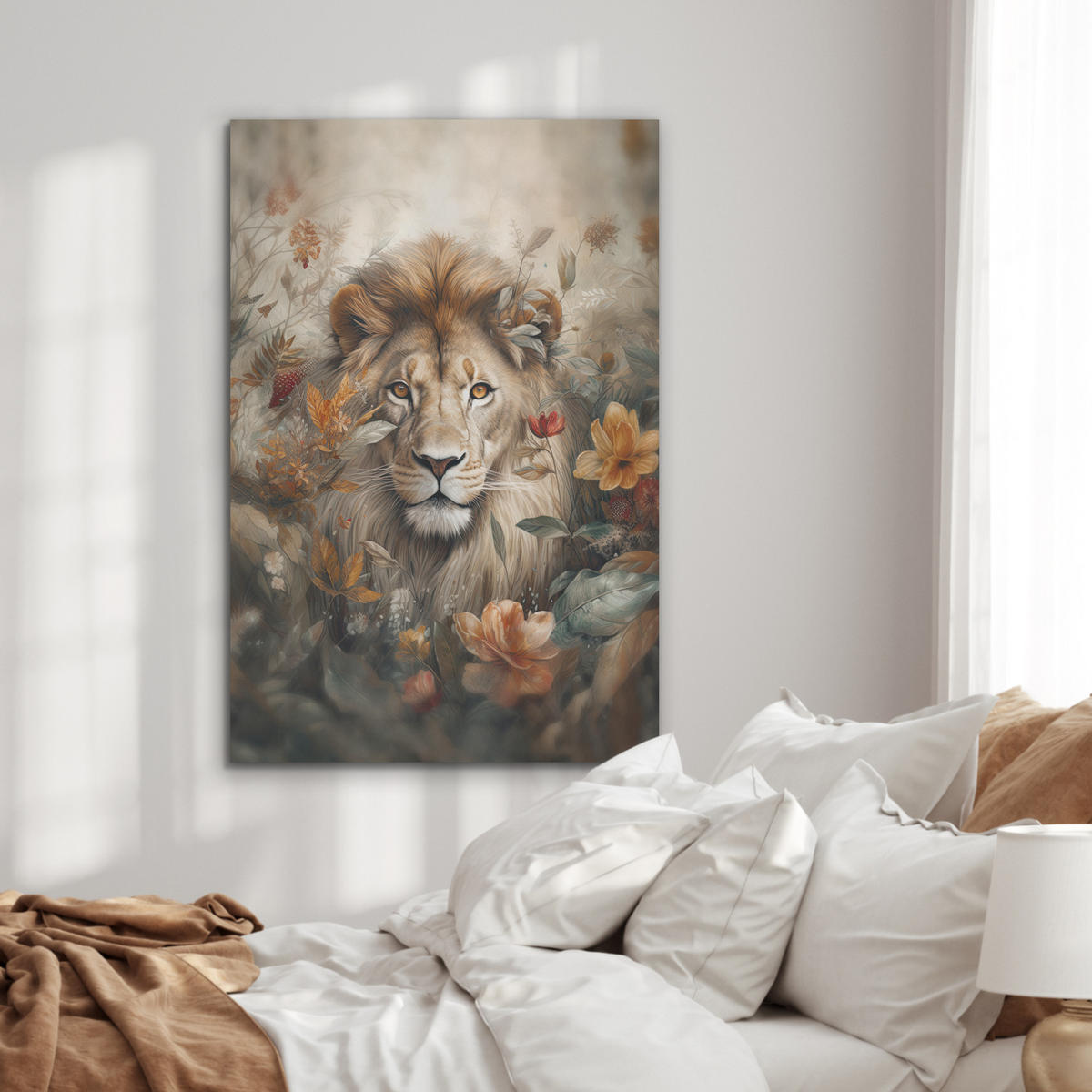 AKUSTIKPANEEL Löwe - Wildtiere - Pflanzen - Natur - Blumen 70x100 cm - Beige, Textil (70/0.9/100cm) - MuchoWow