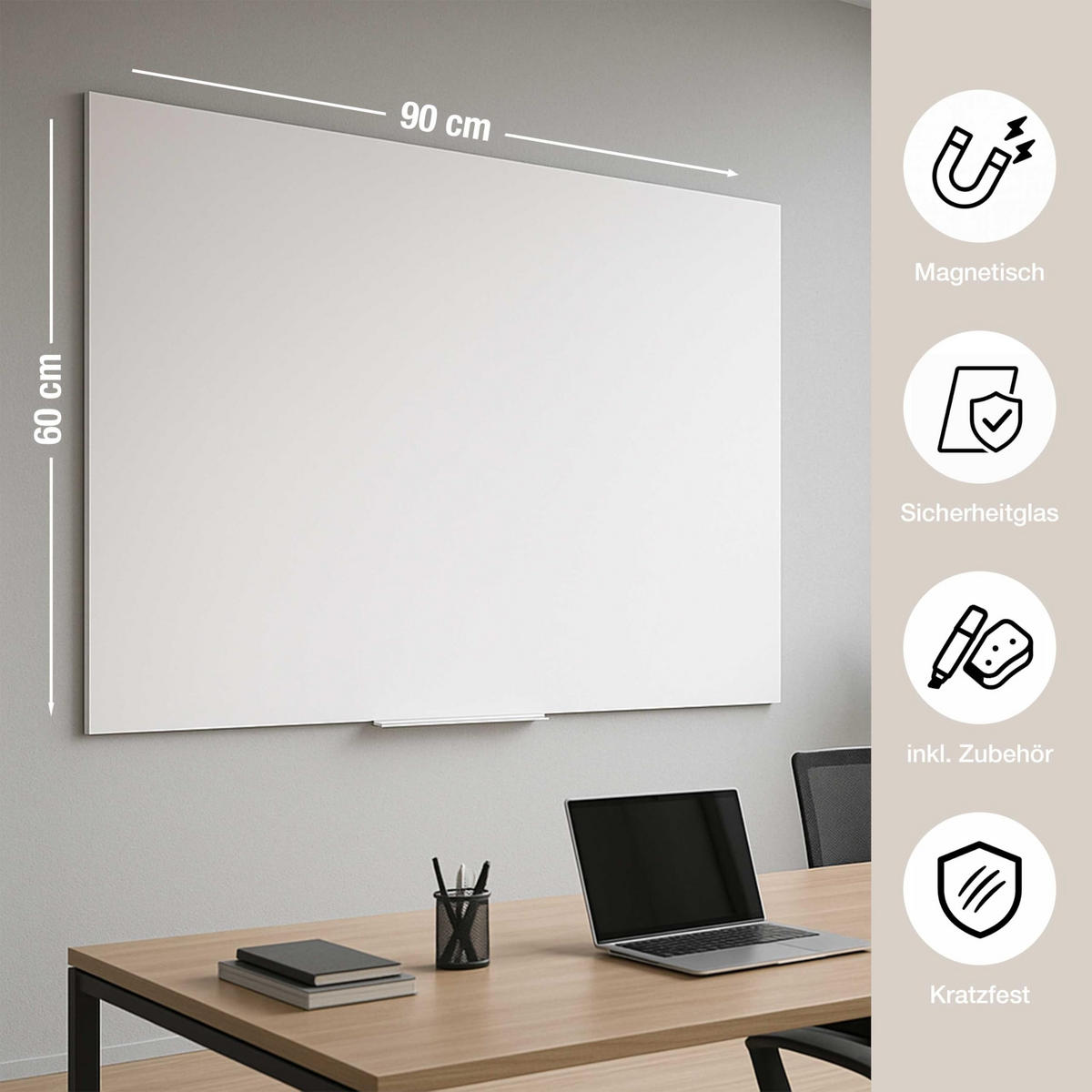 WHITEBOARD Glas 60x90 cm hängend - Weiß, Glas (90/60/1cm) - K-Möbel