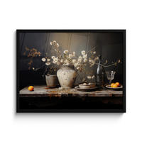 POSTER MIT RAHMEN Stilleben - Blumen - Blumenstrauß - Vase - Wein 80x60 cm - Schwarz, Papier (80/60cm) - MuchoWow