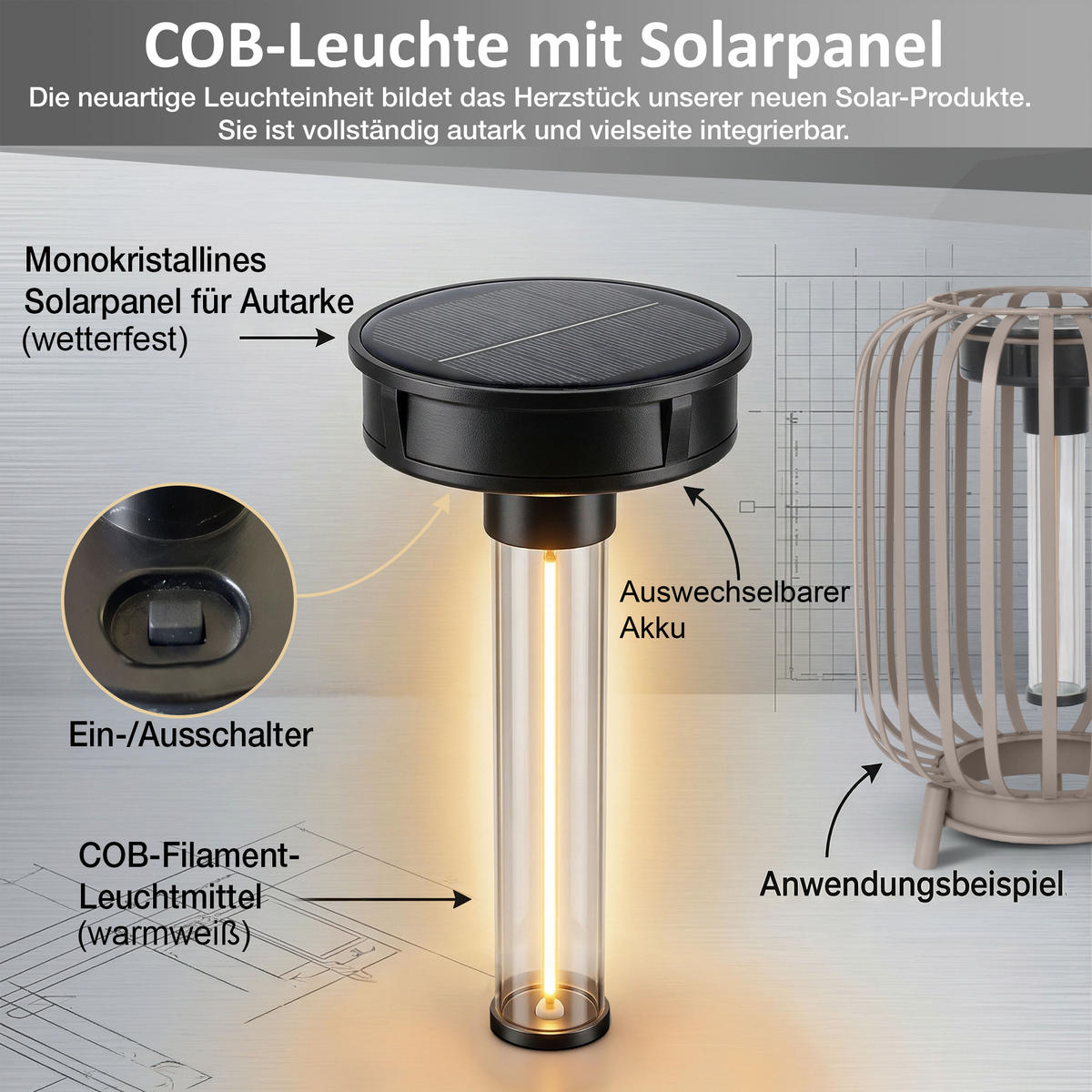 SOLAR-STEHLEUCHTE 3in1 mit COB-LED Solarpanel ELBLIGHT 17x17x68cm Metall Höhenverstellbar beige - Schwarz, Metall (17/17/68cm) - Northpoint