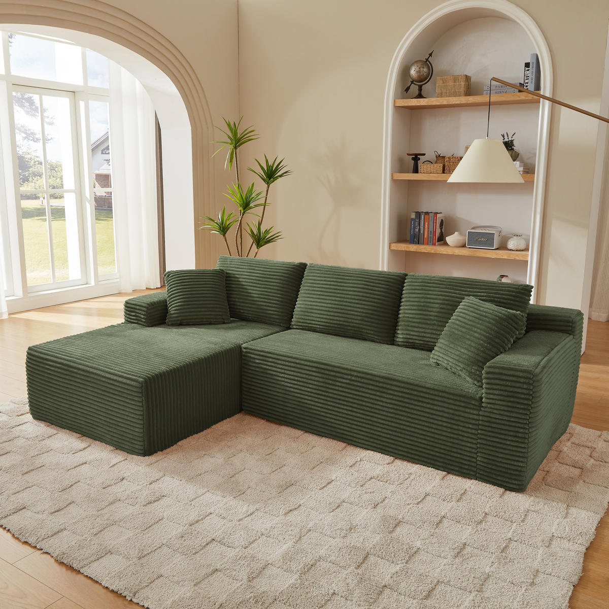 ECKSOFA Cord Grün mit Kissen - Grün, Textil (252.5/163cm) - WISHDOR