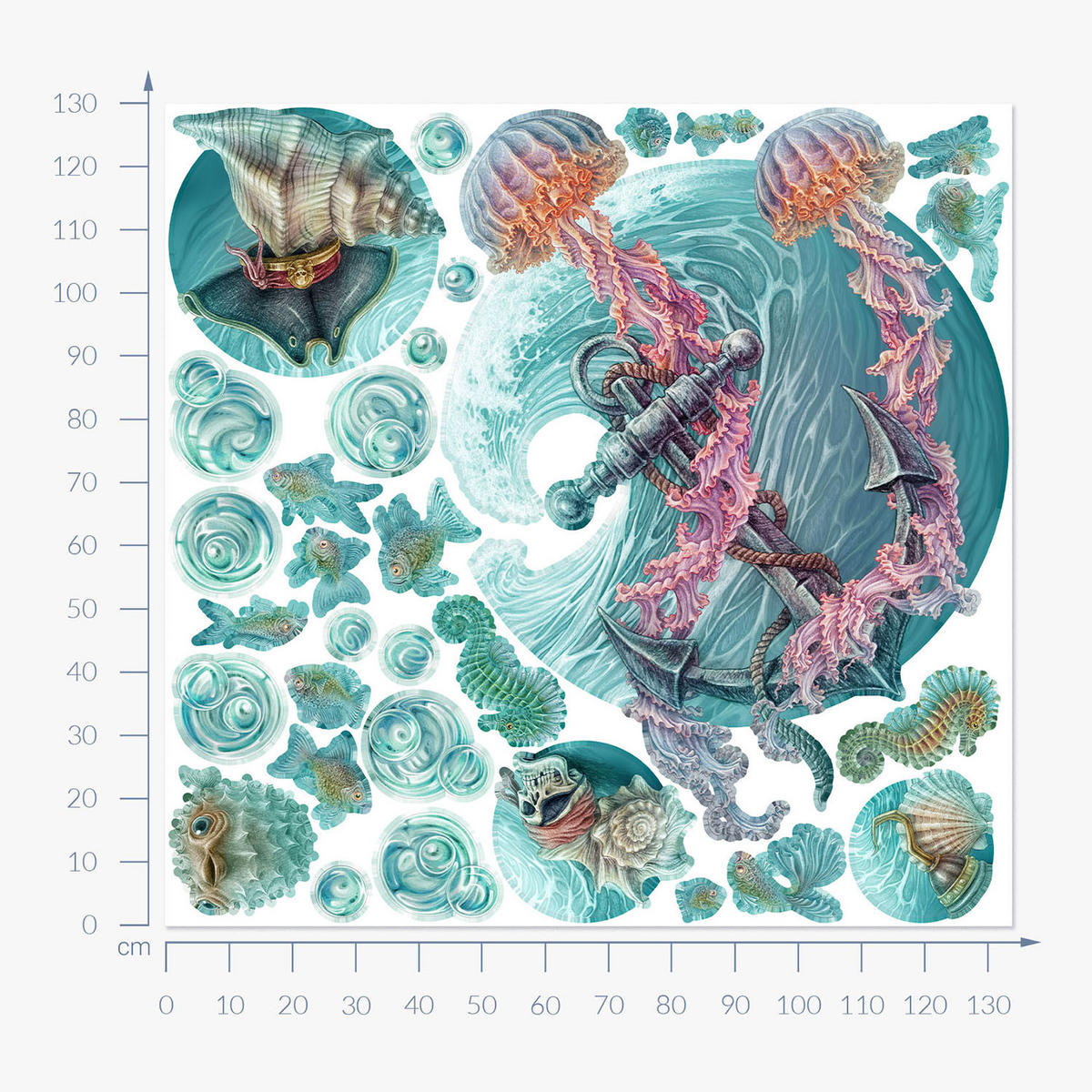 WANDAUFKLEBER 130x134cm - Die Welt der Quallen - Multicolor, Kunststoff (130/134/0.1cm) - Wallfluent