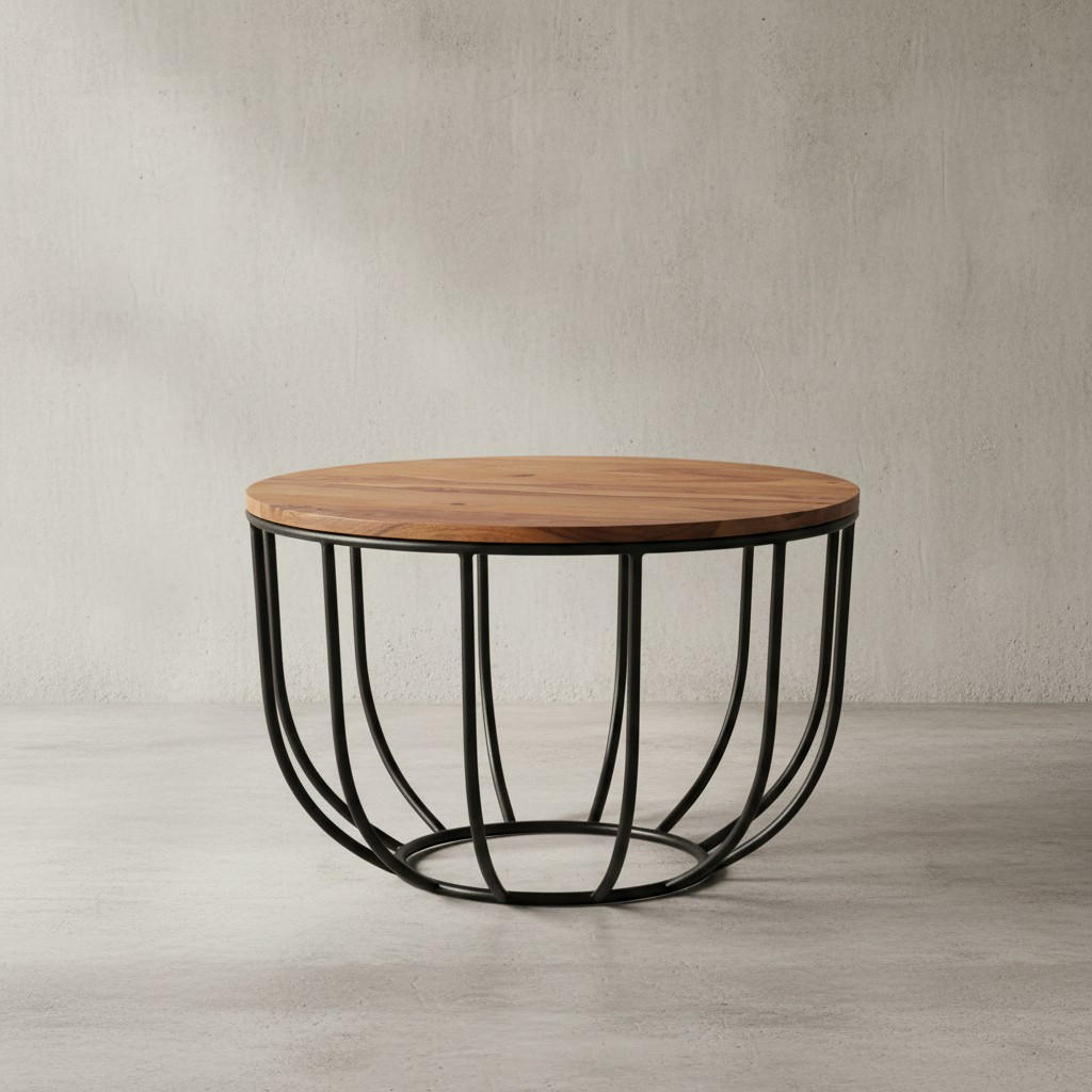 COUCHTISCH in Industrial-Stil, Sheesham Massivholz, Metallgestell, Korbdesign, Rustikal - Schwarz/Braun, Holz/Metall (60/60/39cm) - KADIMA DESIGN