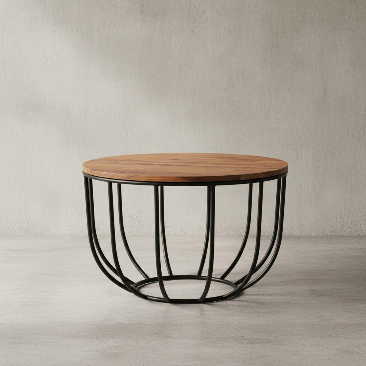 COUCHTISCH in Industrial-Stil, Sheesham Massivholz, Metallgestell, Korbdesign, Rustikal - Schwarz/Braun, Holz/Metall (60/60/39cm) - KADIMA DESIGN