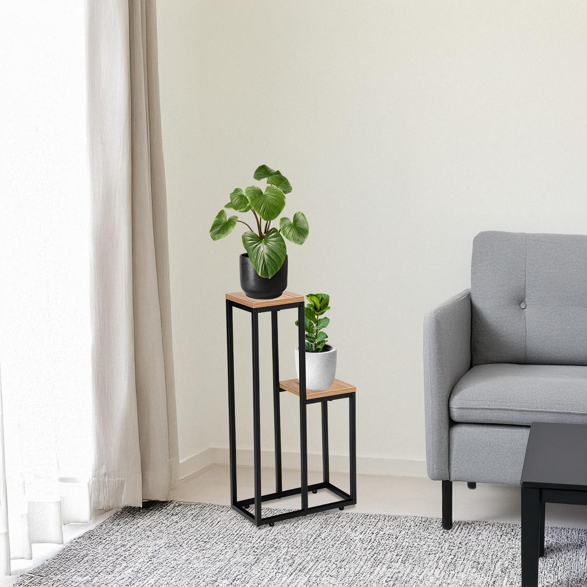 BLUMENSTÄNDER mit Ablagen und Metallgestell - Eichefarben, Metall (17/34.5/67cm) - Mat-Haus