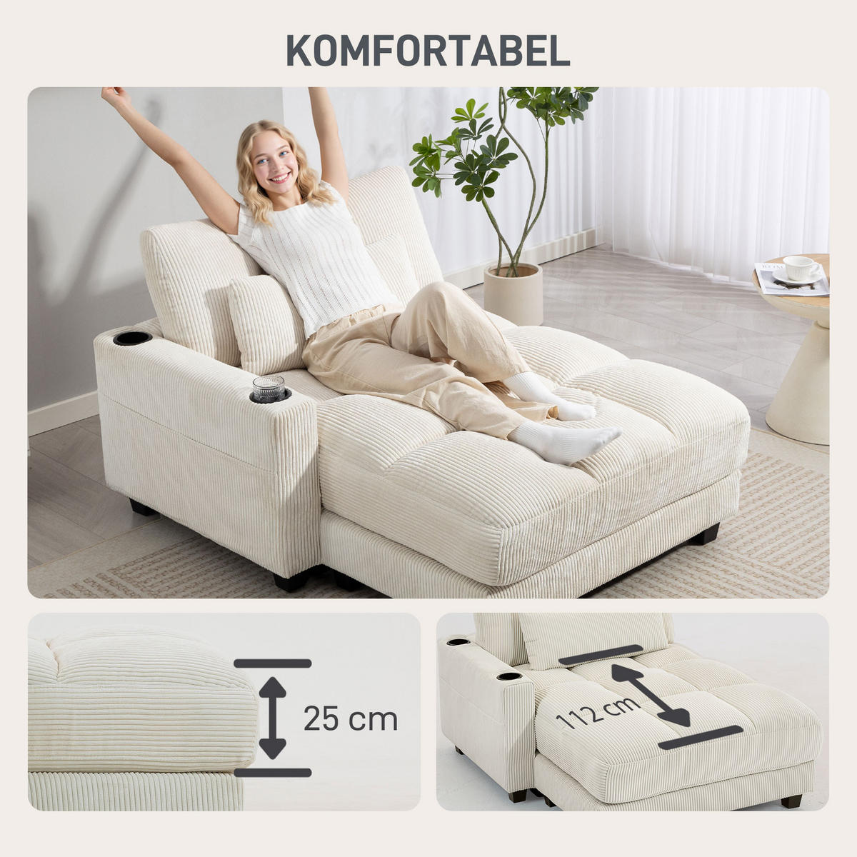SCHLAFSOFA Polyester Mehrschichtenplatte Cremeweiß - Dunkelgrau/Creme, Kunststoff/Textil (114/86/147cm) - HOMCOM