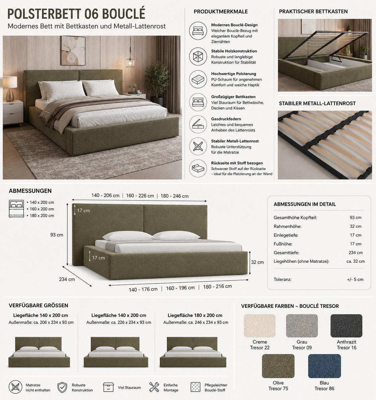 POLSTERBETT 06 140x200 cm – Tresor - Bett mit Bettkasten, Metall-Lattenrost - Anthrazit, Holz (140/200cm) - ROYAL24_MARKT