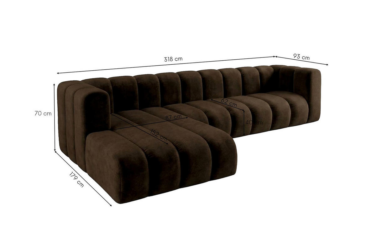 ECKSOFA Modulares In L-Form, Velvet-Stoff Riviera, Schokolade, Links, GRAND 318 cm - Braun, Holz (318/179cm) - Kaiser Möbel