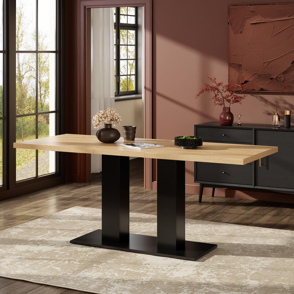 ESSTISCH in Naturfarben Küchentisch ausziehbar, 6–8 Personen,verdickte Platte, minimalistischer Stil, B140–180/T70/H75cm - Schwarz/Naturfarben, Holzwerkstoff/Metall (70/180/75cm) - STILVORA