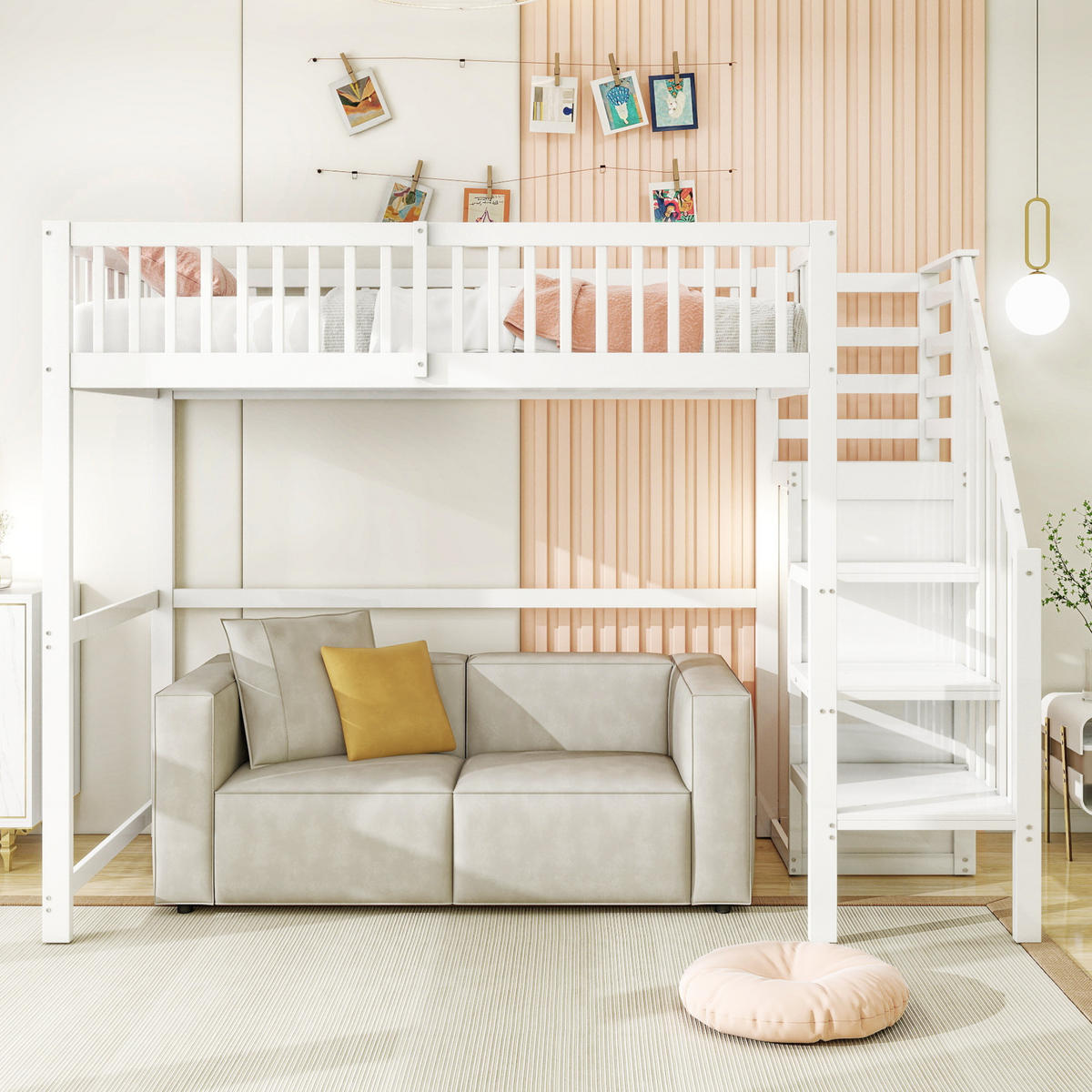 HOCHBETT aus Holz 90x200 cm in Weiß mit Treppe & Kleiderschrank - Weiß, Holz (90/200cm) - Modfu