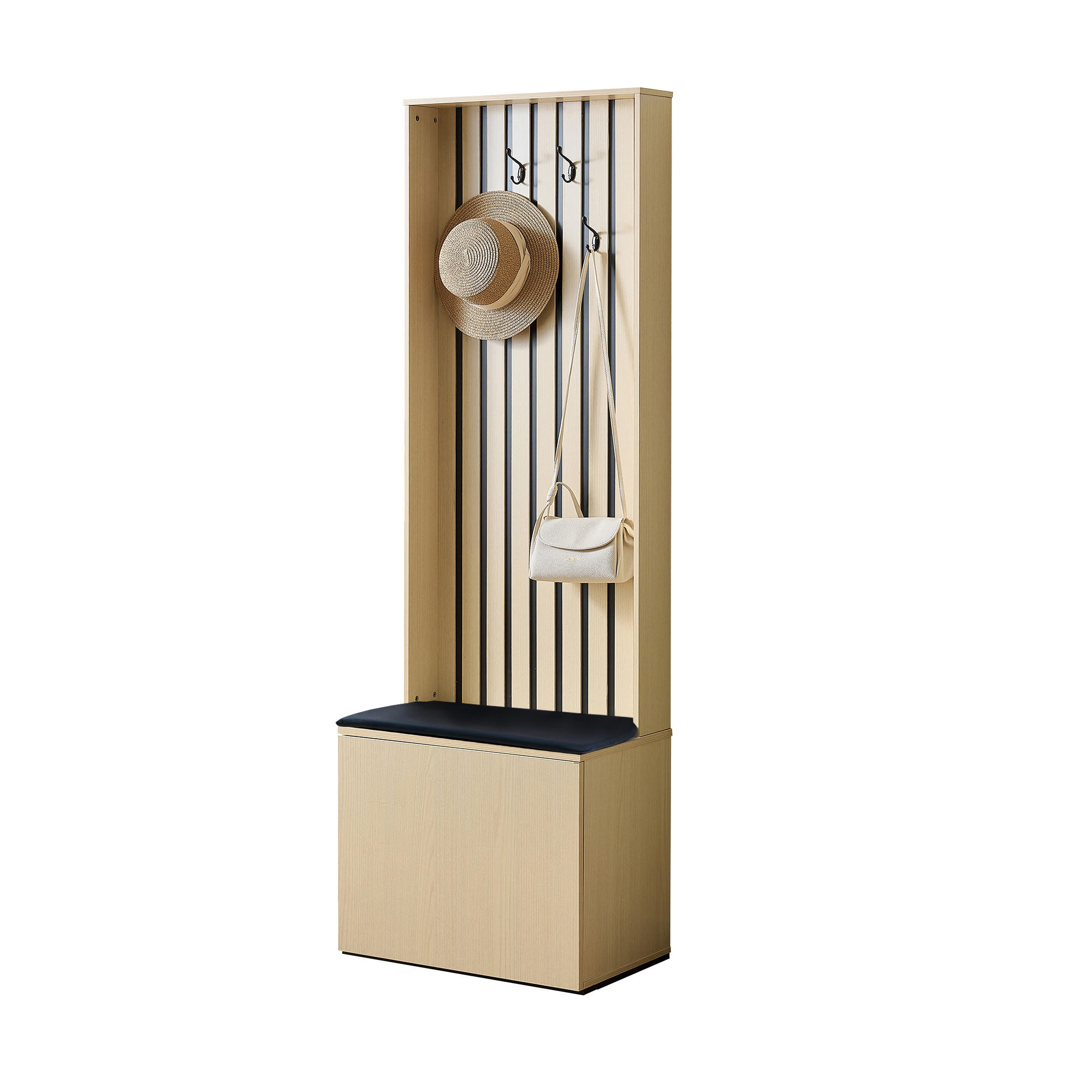 GARDEROBE Sitzbank Schuhschrank 4 Haken Stauraum Flur Organizer - Naturfarben, Holzwerkstoff (61/179.5/35cm) - FLIEKS