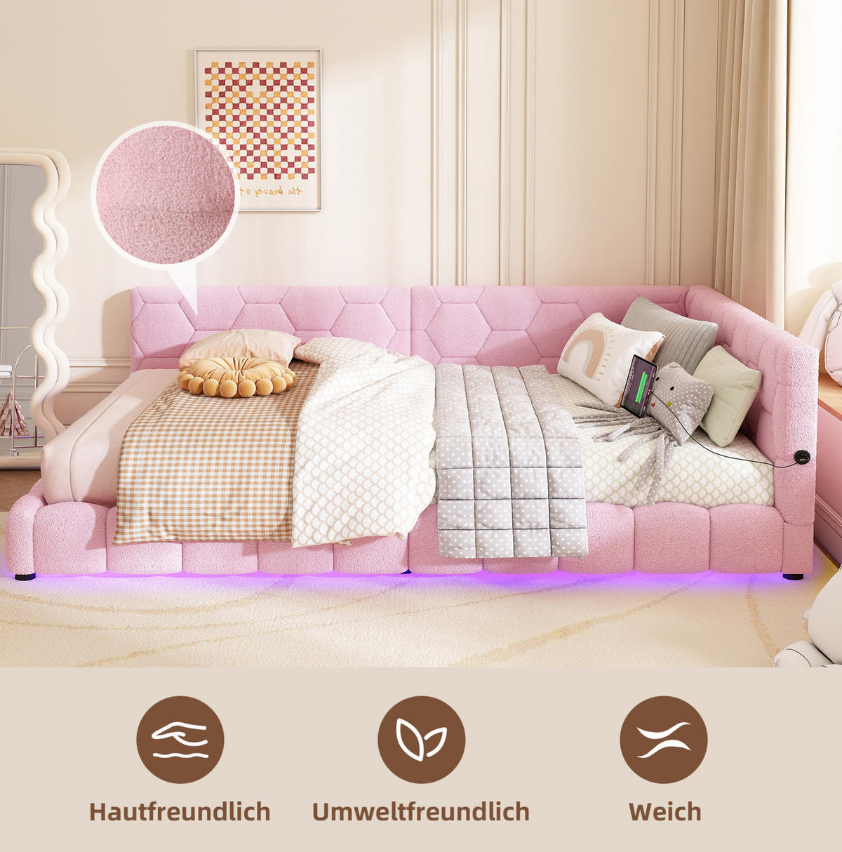 TAGESBETT 140/200 cm mit LED-Umgebungslicht, USB- und Typ-C-Anschluss, Vliesimitat, Rosa - Rosa, Textil (140/200cm) - Redom