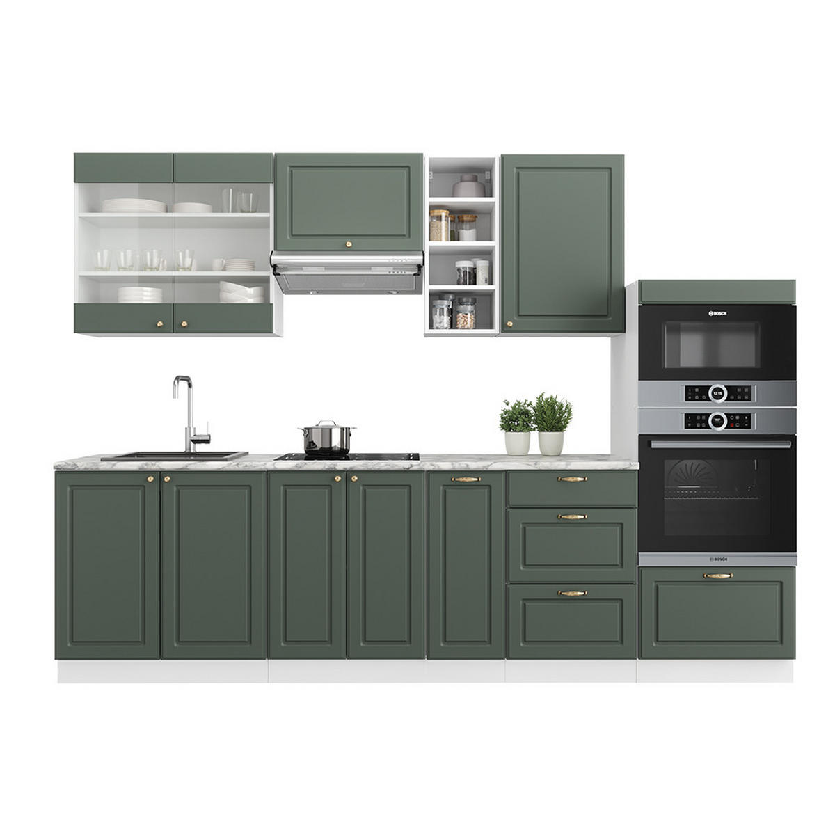 KÜCHENZEILE Fame-Line Grün-Gold Landhaus/Weiß 280 cm ohne AP - Weiß/Grün, Holzwerkstoff (280/81.6/46cm) - Vicco