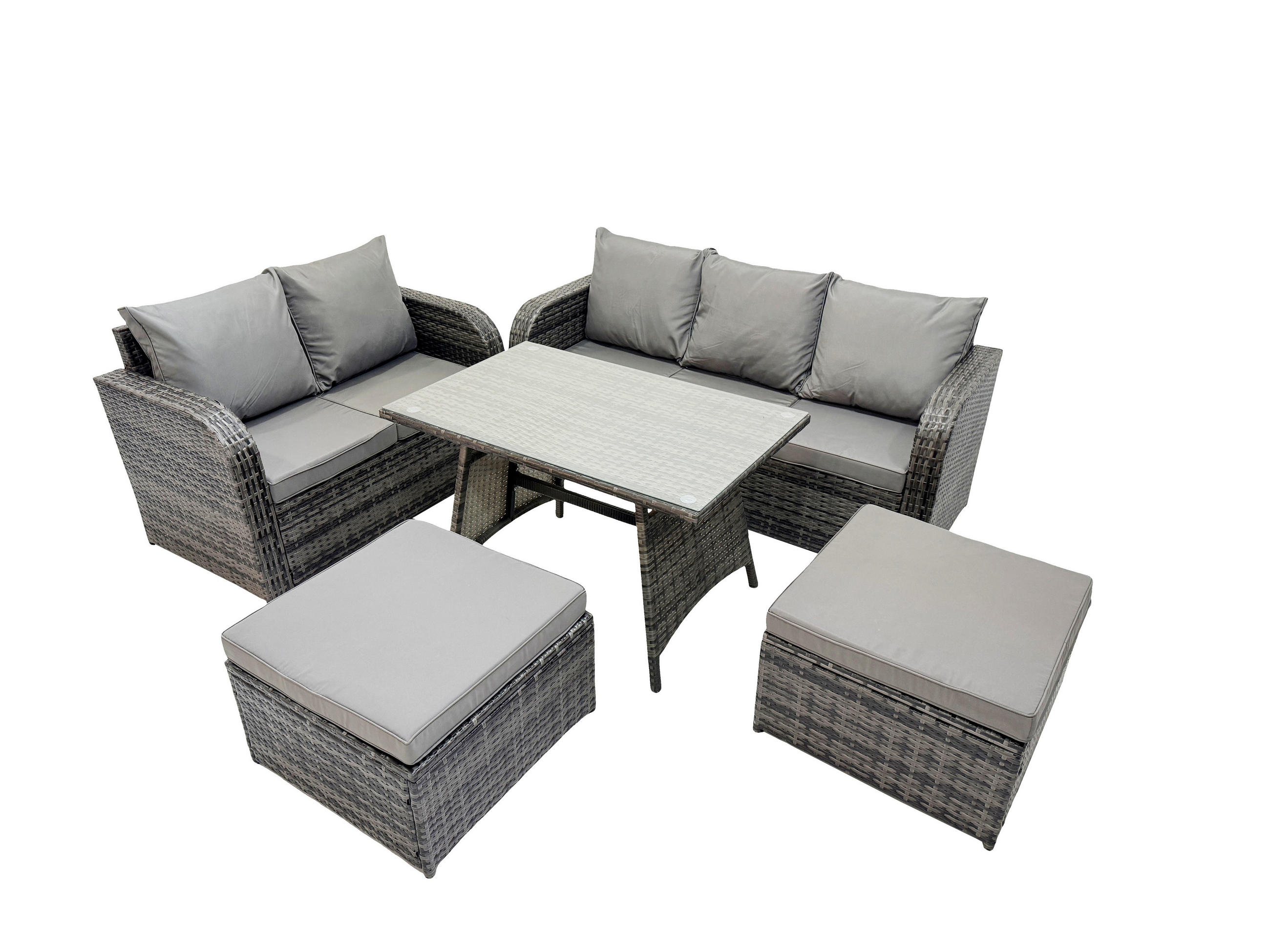 GARTENMÖBEL SET Polyrattan Dunkelgrau 7-Sitzer - Dunkelgrau/Grau, Glas/Kunststoff - Fimous