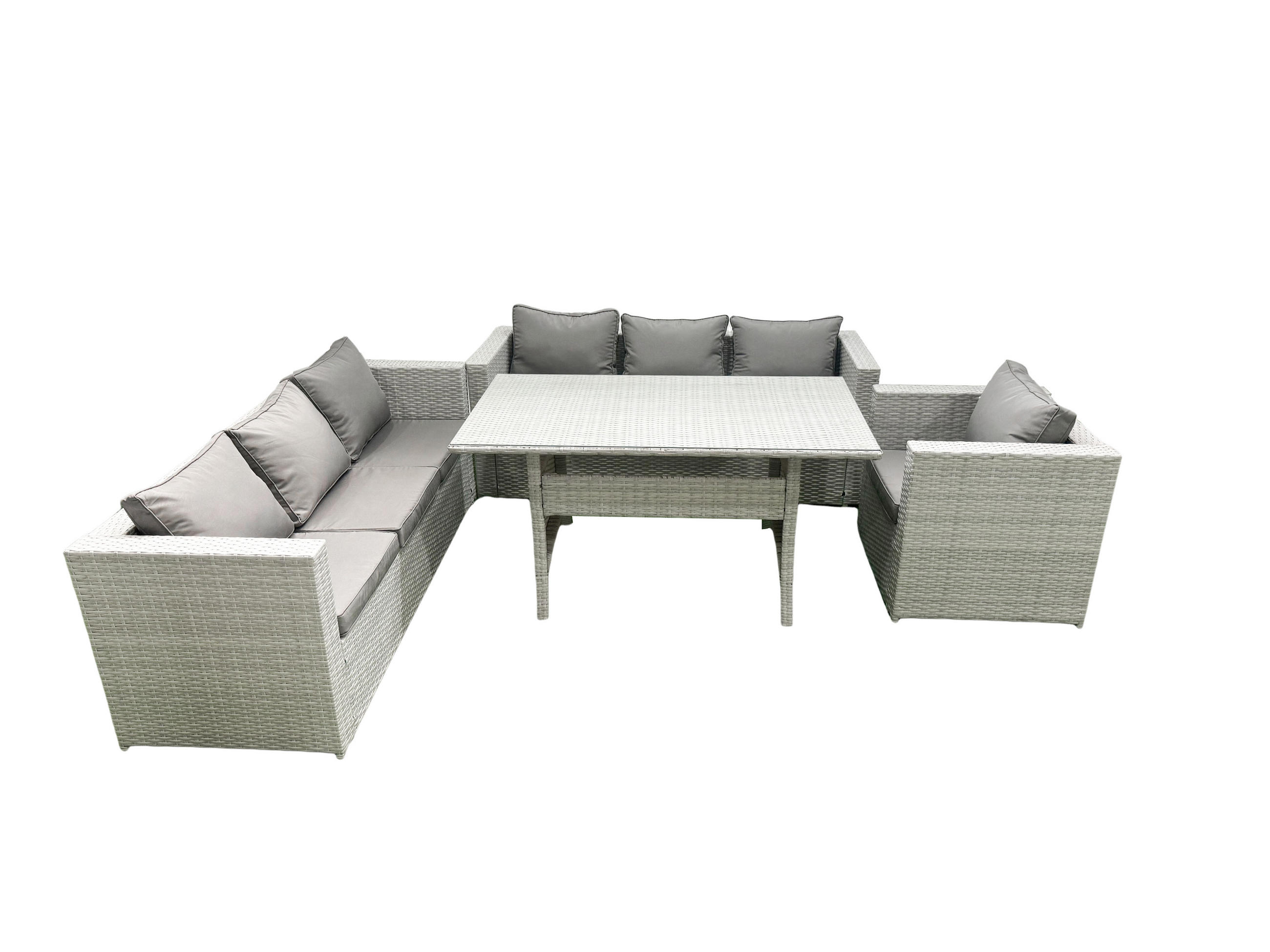 GARTENSET mit 3-Sitzer-Sofa und Sessel, Esstisch Polyrattan Hellgrau 7-Sitzer - Hellgrau/Grau, Glas/Kunststoff - Fimous