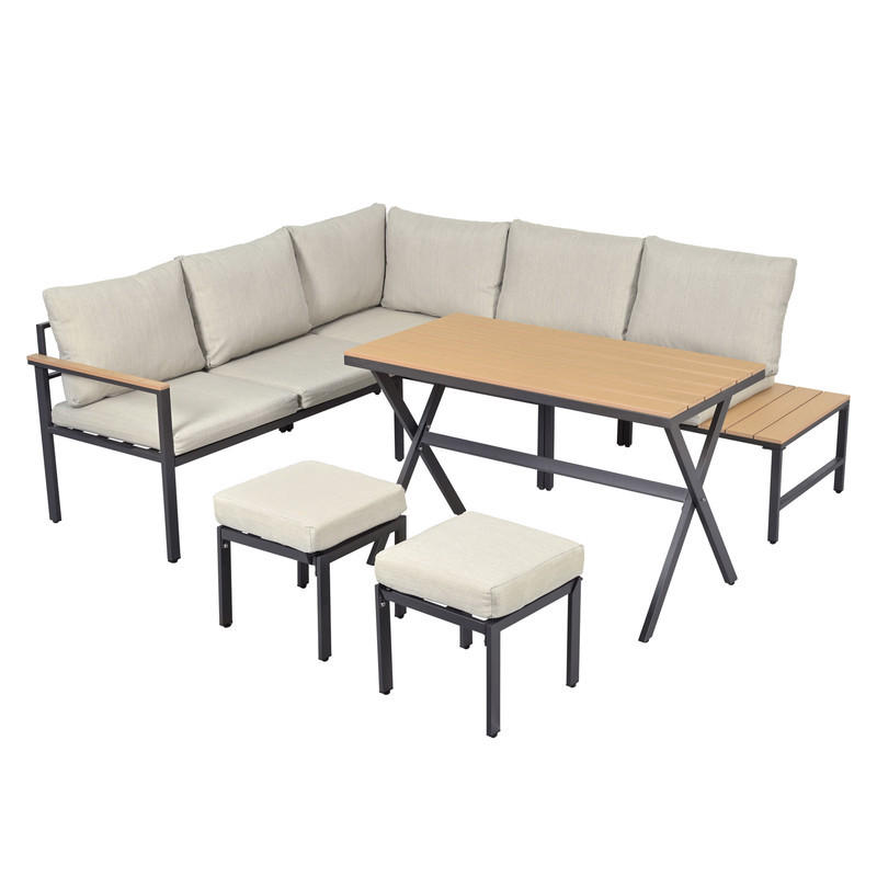 GARTENLOUNGE-SET GRAUBEIGE 4-teilig mit Ecksofa 2 Hockern und Esstisch inkl. Kissen - Beige, Textil - BLACKCUP