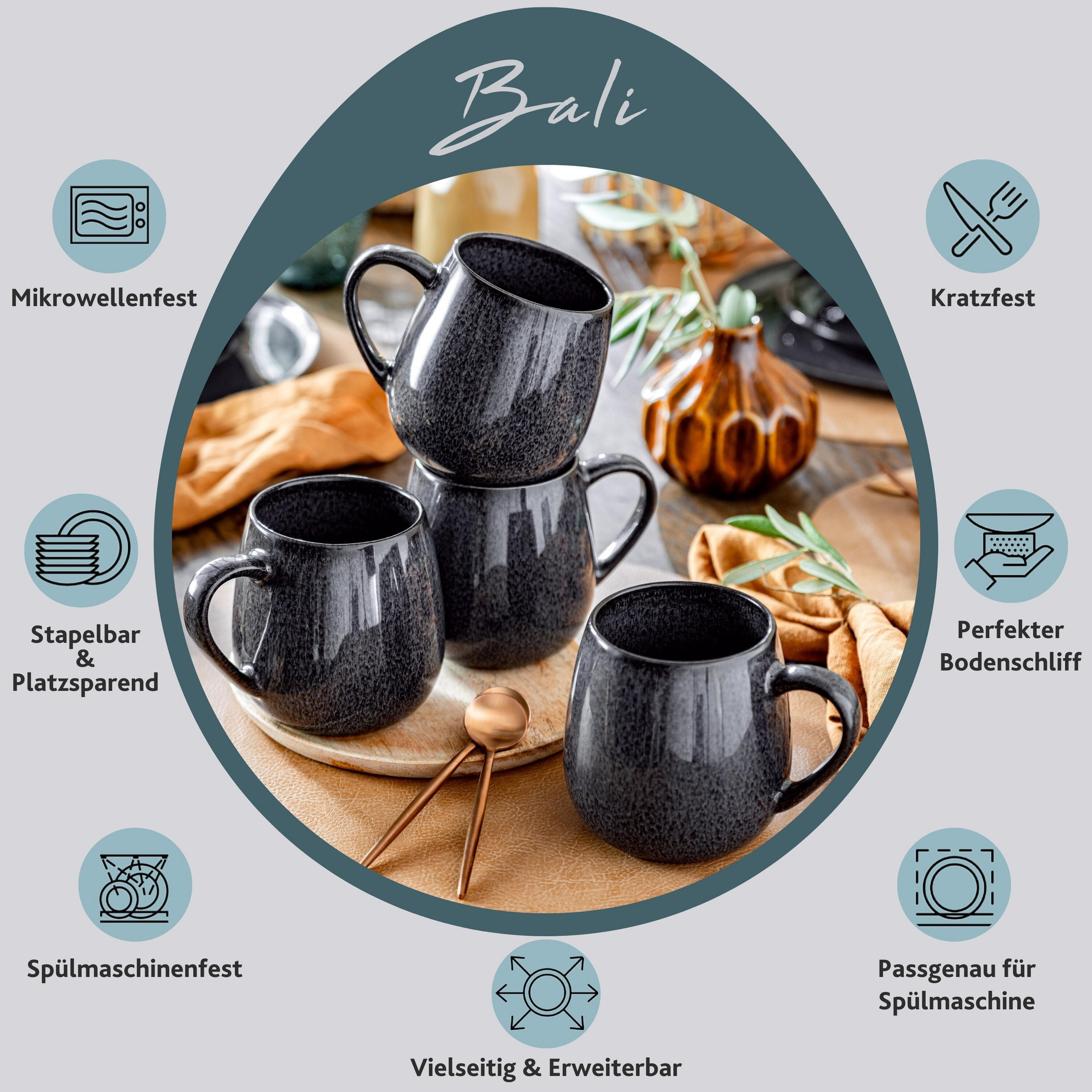 KAFFEEBECHER SET BALI - 4 teilig aus Steingut - Grau, Keramik (26/14/24cm) - Sänger