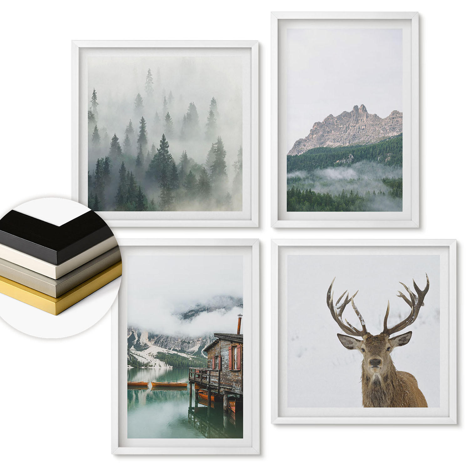 WANDBILDER 4er-Set - 50x50 cm & 40x60 cm Weißer Rahmen - Berge, See, Hirsche, Hütte, Nebel - Weiß, Kunststoff (50/50cm) - ArtPrintCave
