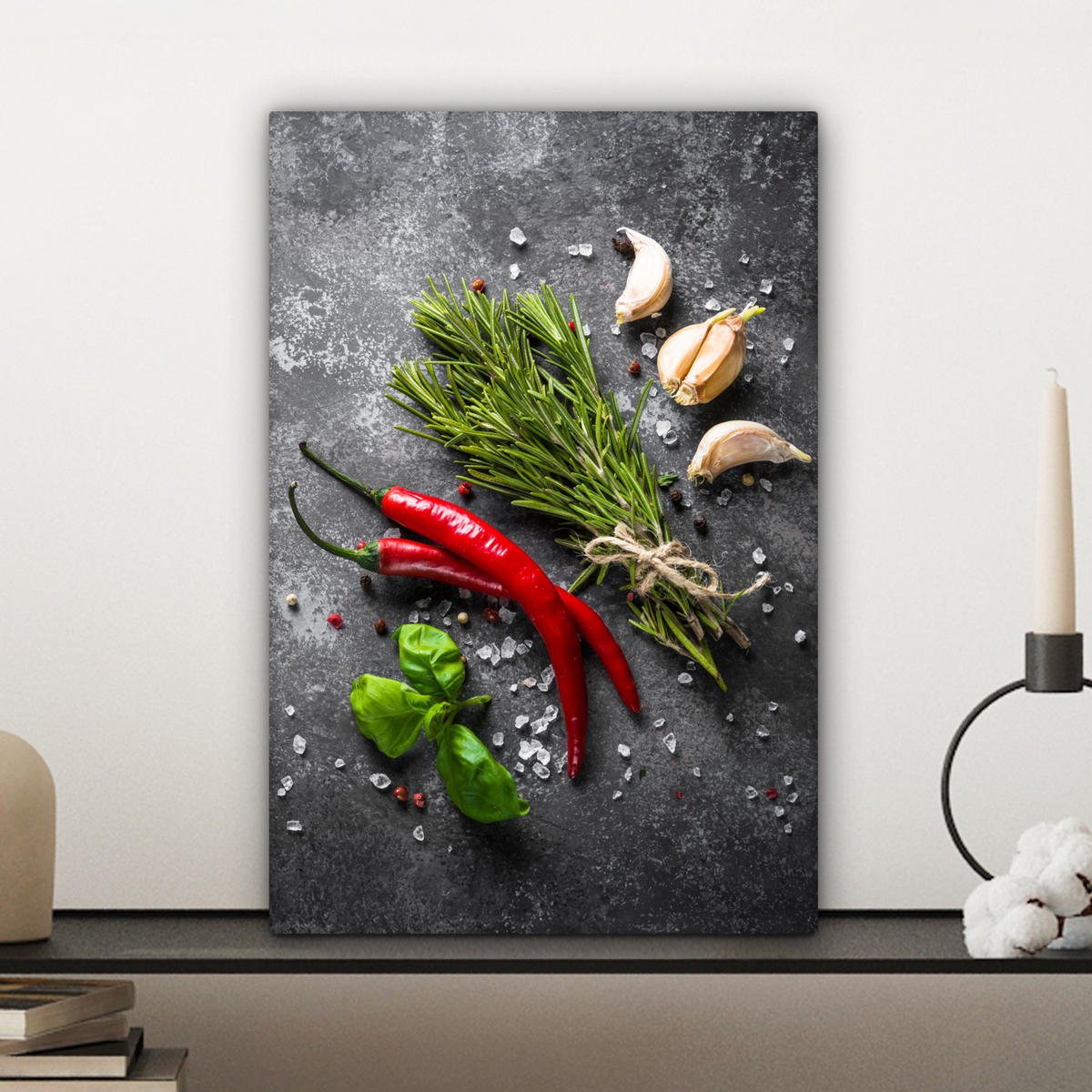 LEINWANDBILD Pfeffer - Kräuter - Gewürze - Beton Deko Wohnzimmer 20x30 cm - Dunkelgrau, Textil (20/30cm) - MuchoWow