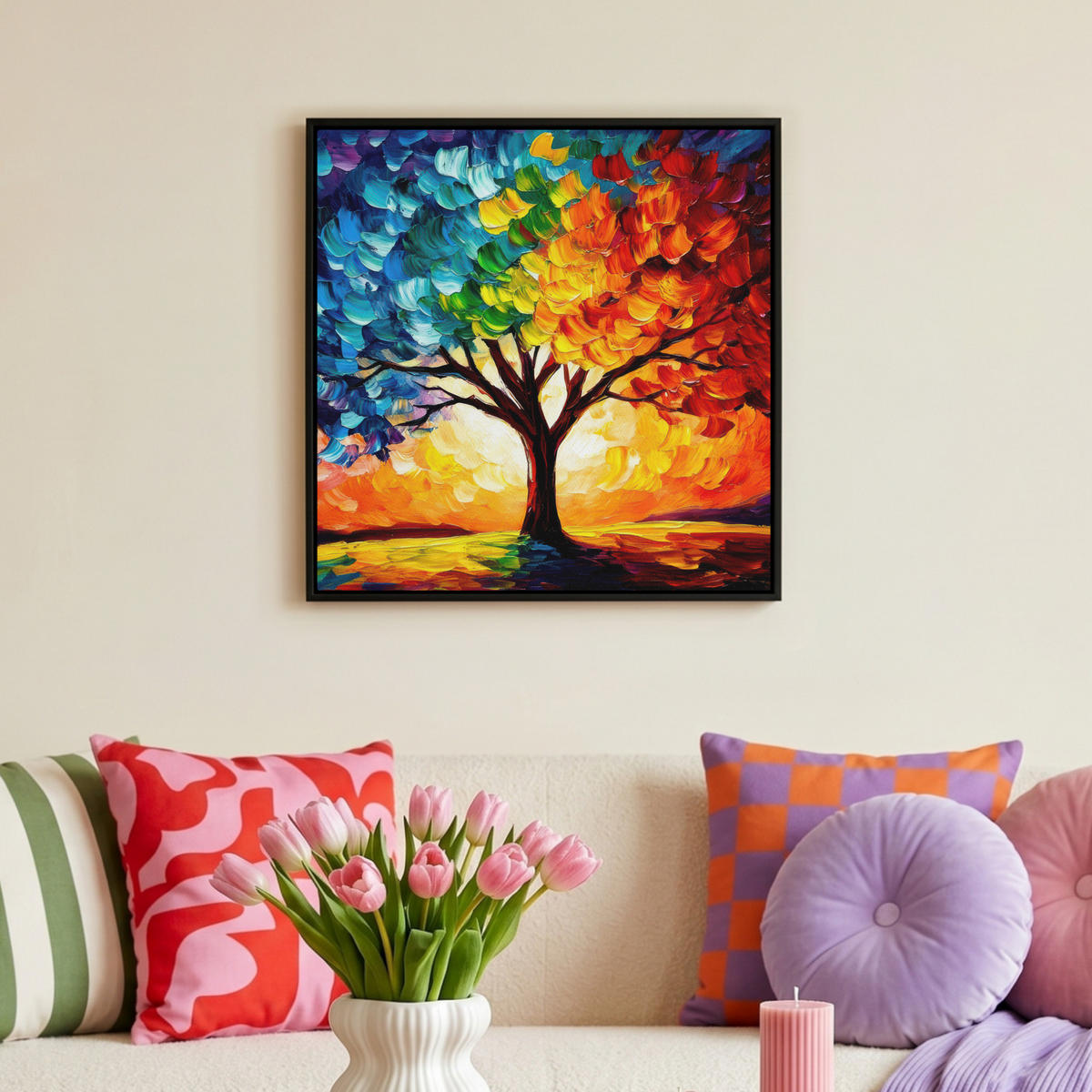 LEINWAND Bilder mit Rahmen - Baum - Kunst - Natur - Sonnenuntergang - 50x50 - Multicolor, Textil (50/50cm) - MuchoWow