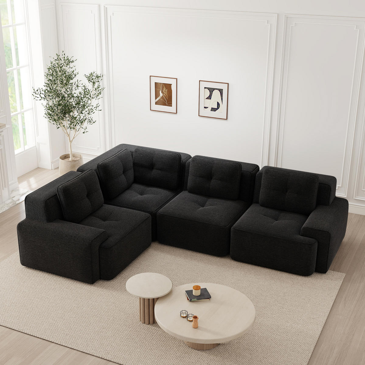 4-SITZER Sofa 382x104x69 cm aus Cordstoff rahmenlos modular, schwarz - Schwarz, Textil (104/69/382cm) - Luhomfu