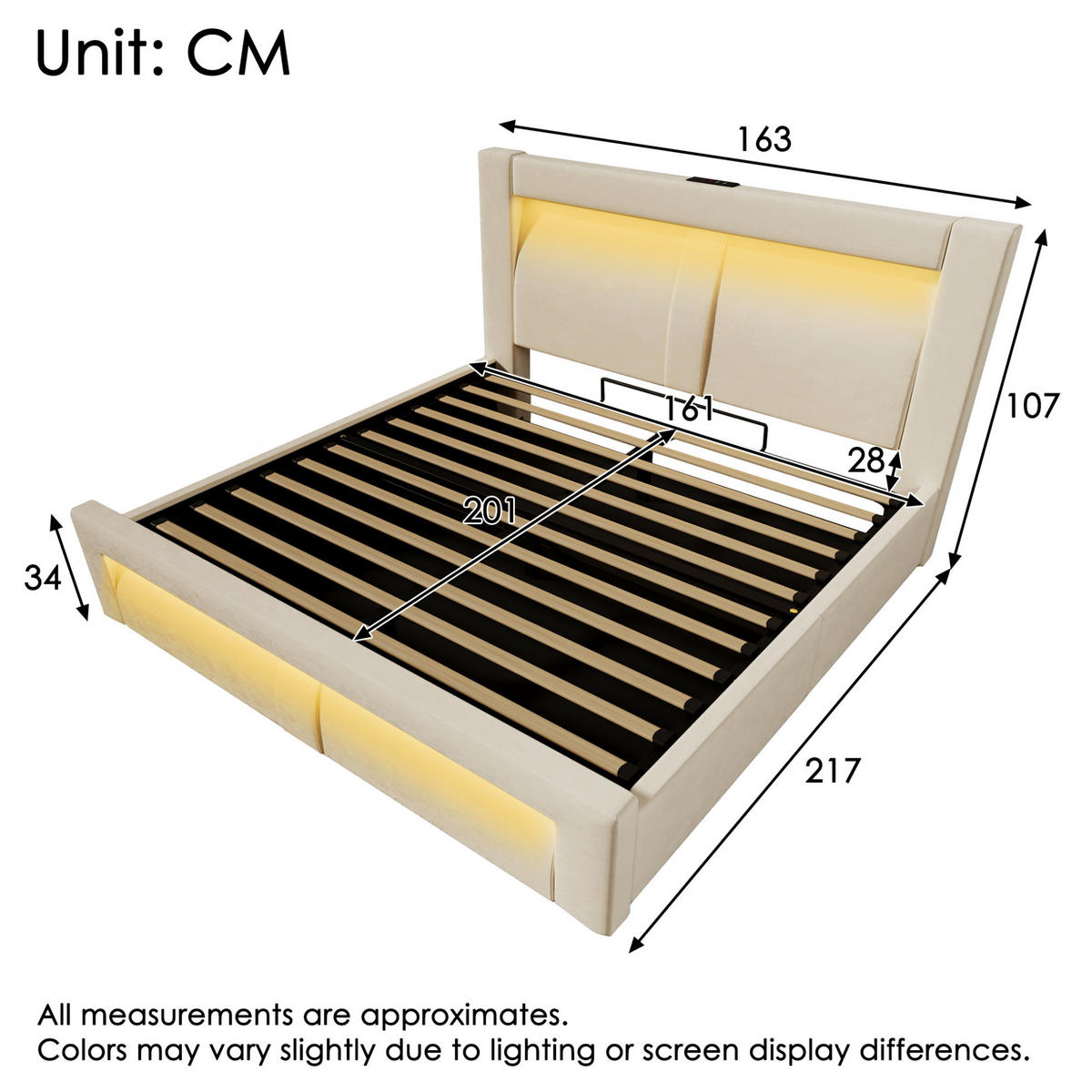 POLSTERBETT 160/200 cm Beige aus Samt mit Stauraum, LED und USB- & Type-C-Anschlüssen - Beige, Textil (160/200cm) - Flora Grace