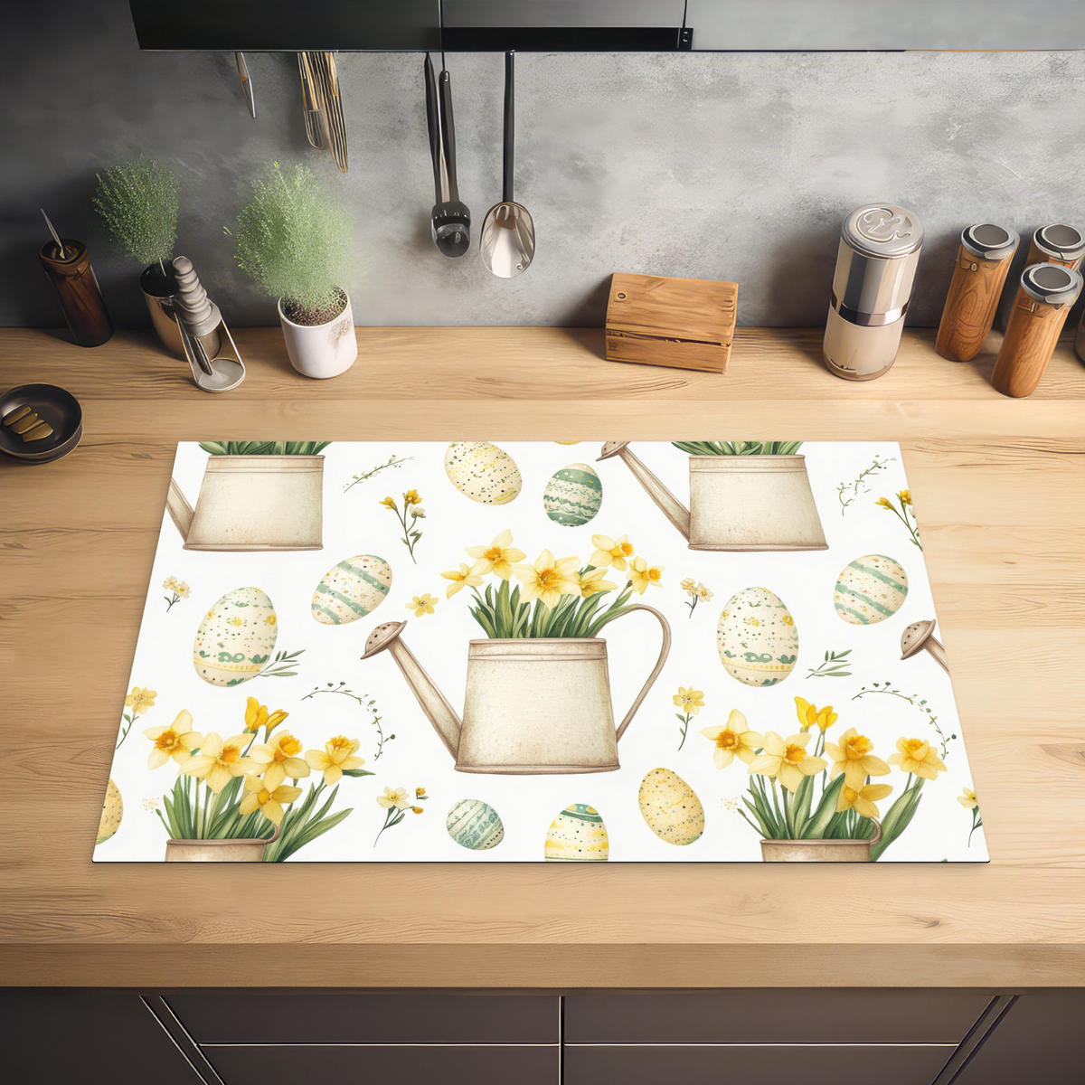 HERDABDECKPLATTE Gießkanne - Blumen - Eier Induktionsmatte 77x51 cm - Weiß, Kunststoff (77/51/0.2cm) - MuchoWow