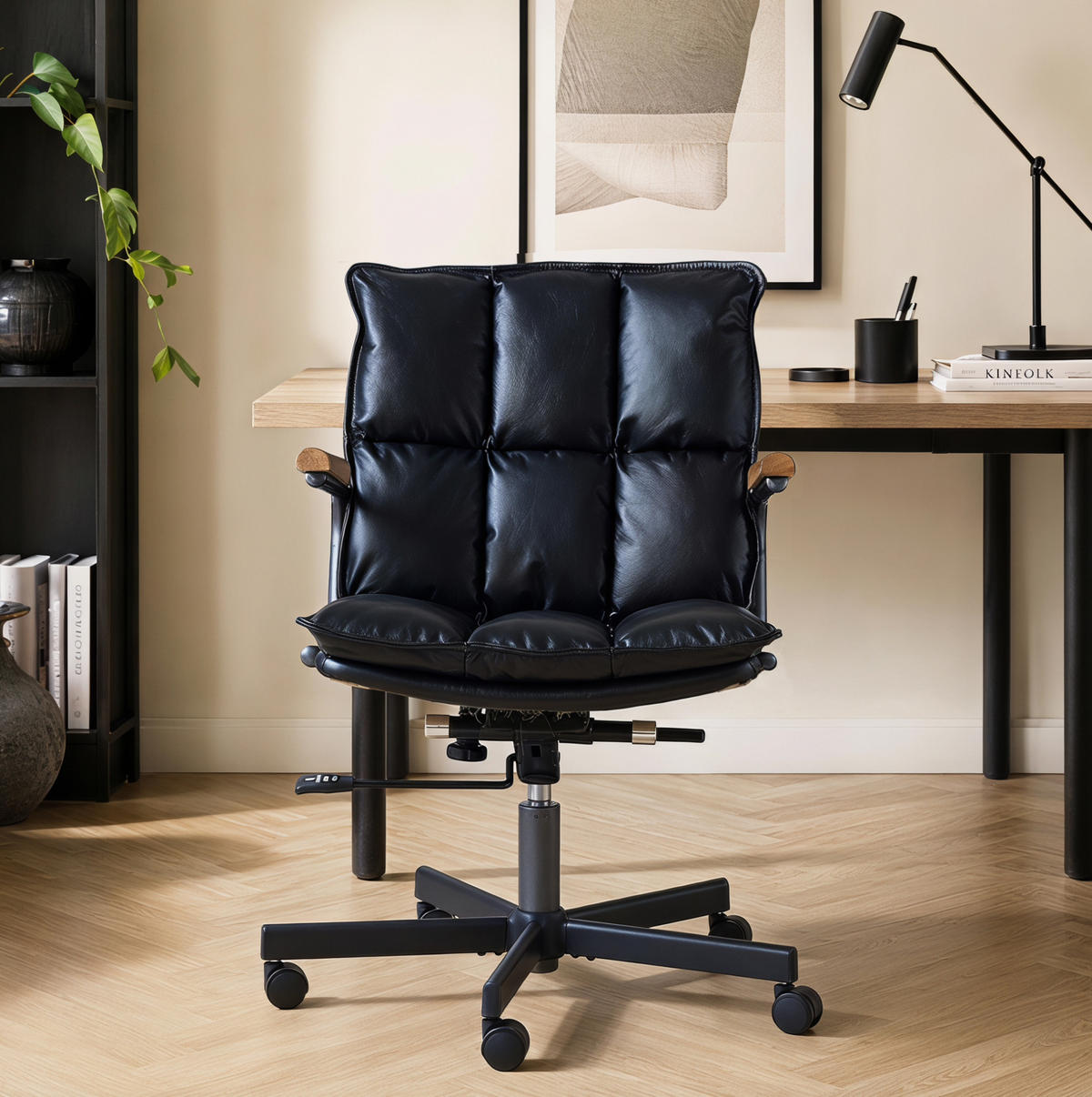 BÜROSTUHL in Schwarz 46x65x72 cm aus Leder und Metall mit Rollen und Holzarmlehnen - Schwarz, Leder (65/72/46cm) - IVMEU