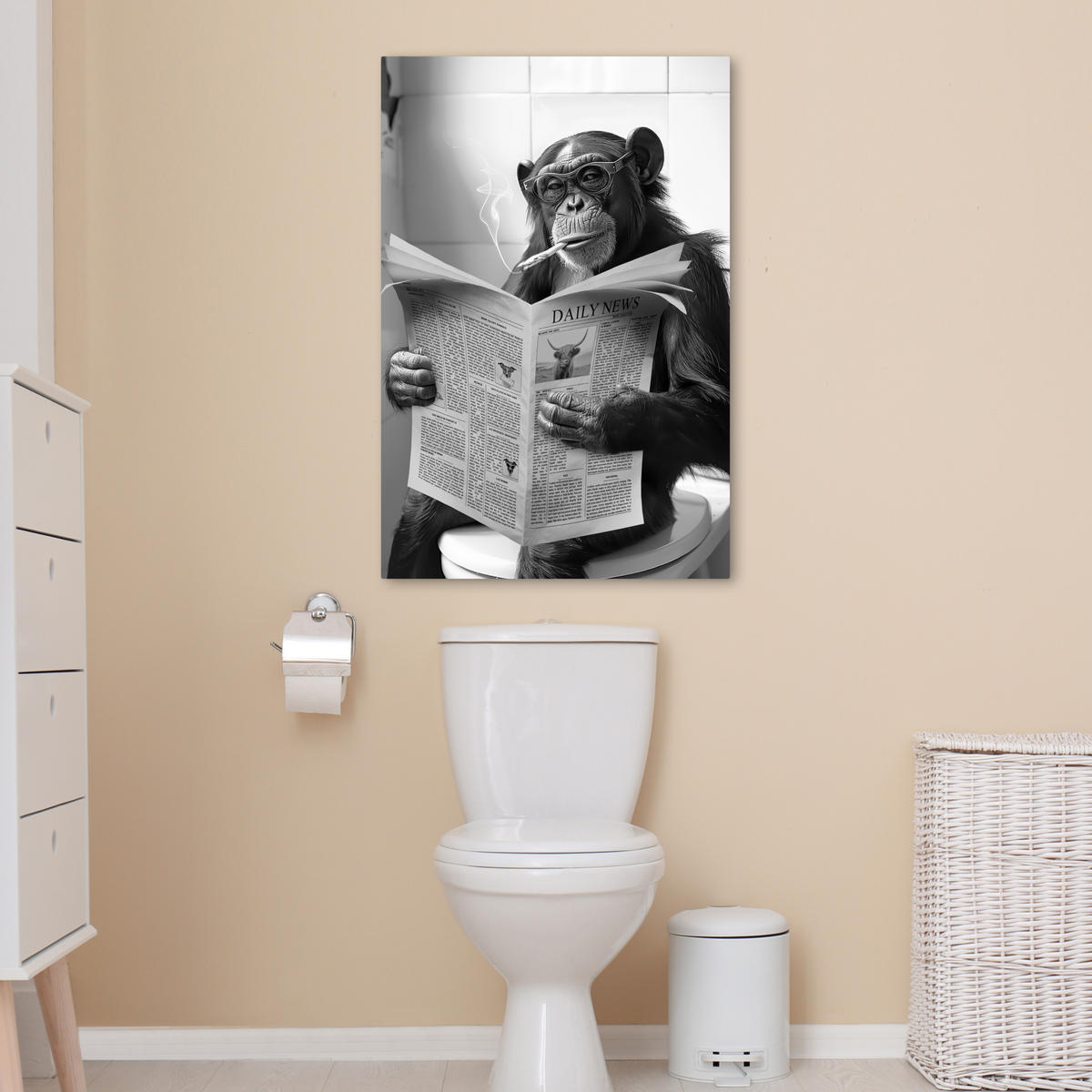 LEINWANDBILD Affe - WC - Zeitung - Schwarz-Weiß - Humor 60x90 cm - Hellgrau, Textil (60/90cm) - MuchoWow