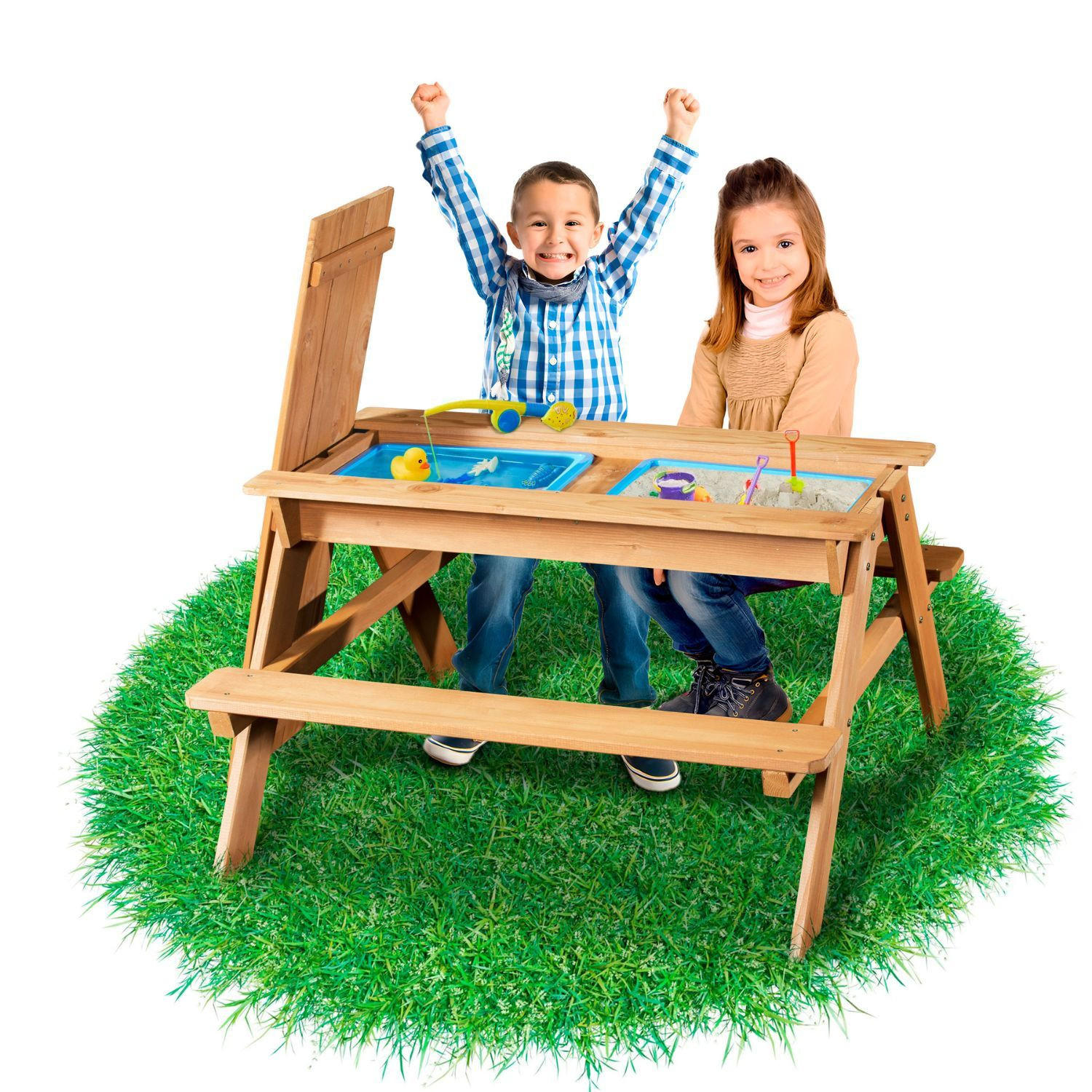 2IN1 KINDERSITZGRUPPE Sand-und Wasserspieltisch Kinder - Naturfarben, Holz - Coemo