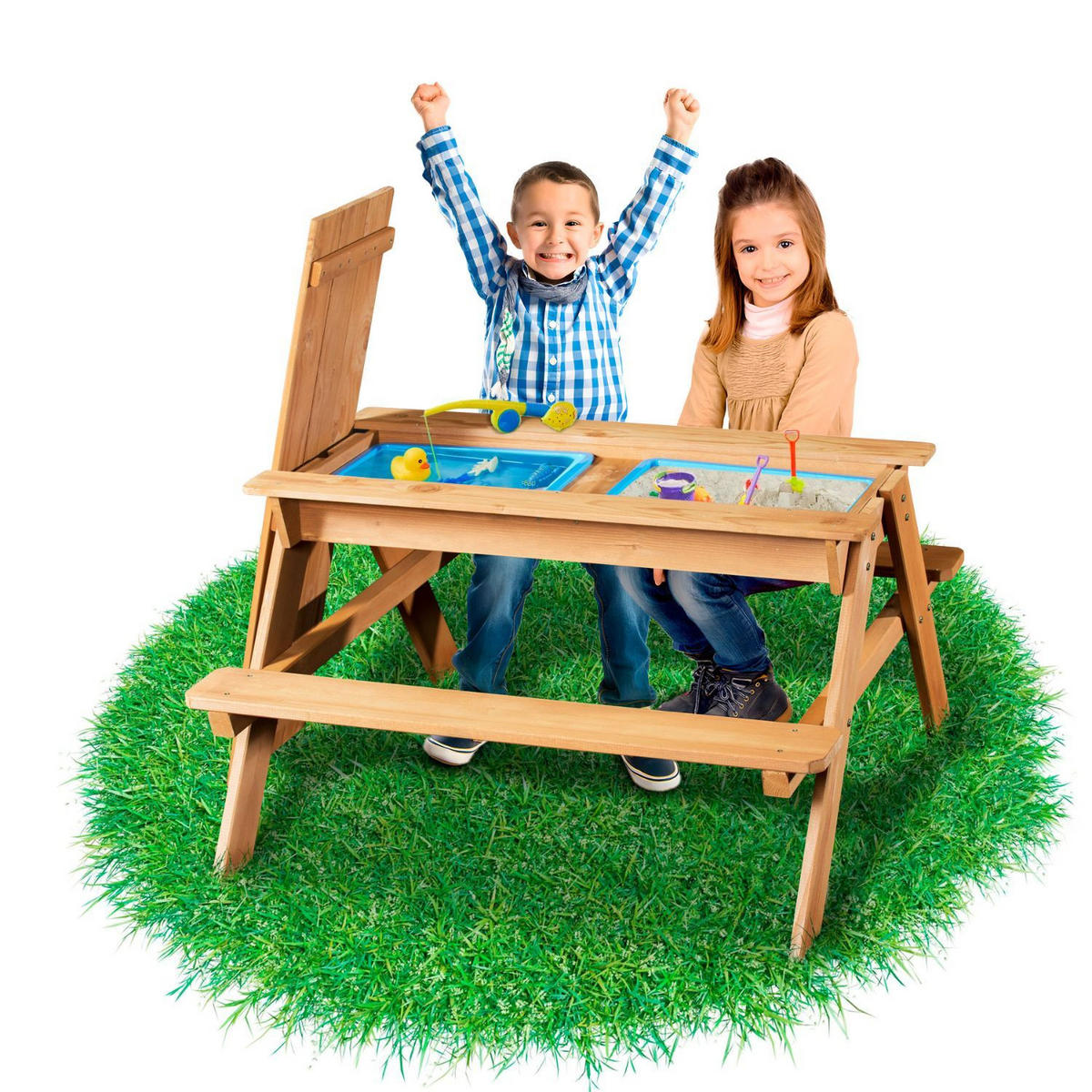 2IN1 KINDERSITZGRUPPE Sand-und Wasserspieltisch Kinder - Naturfarben, Holz - Coemo