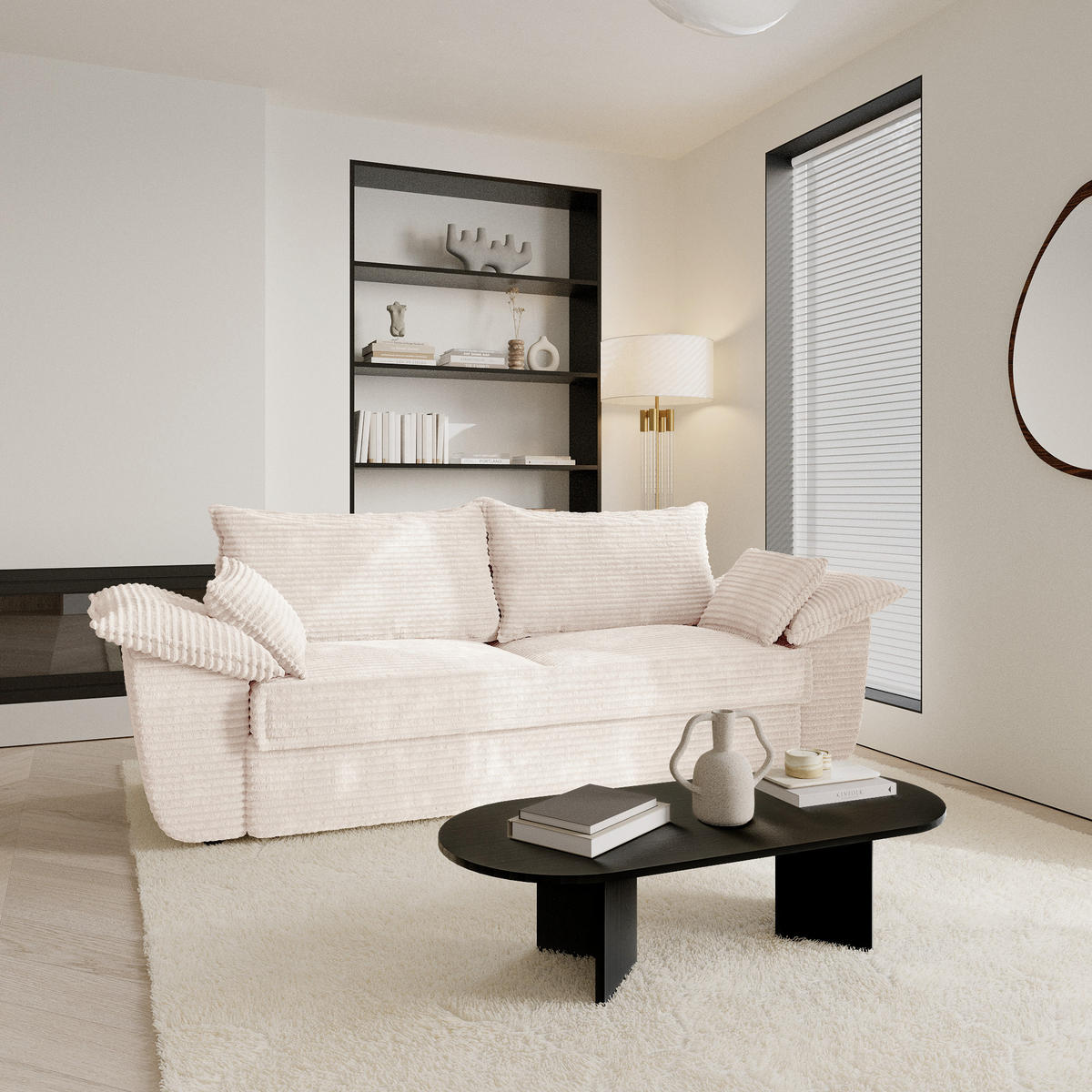 SOFA 3-Sitzer Gerippter Samt XXL Creme 232cm - Creme, Textil (232/92/102cm) - Sia Home