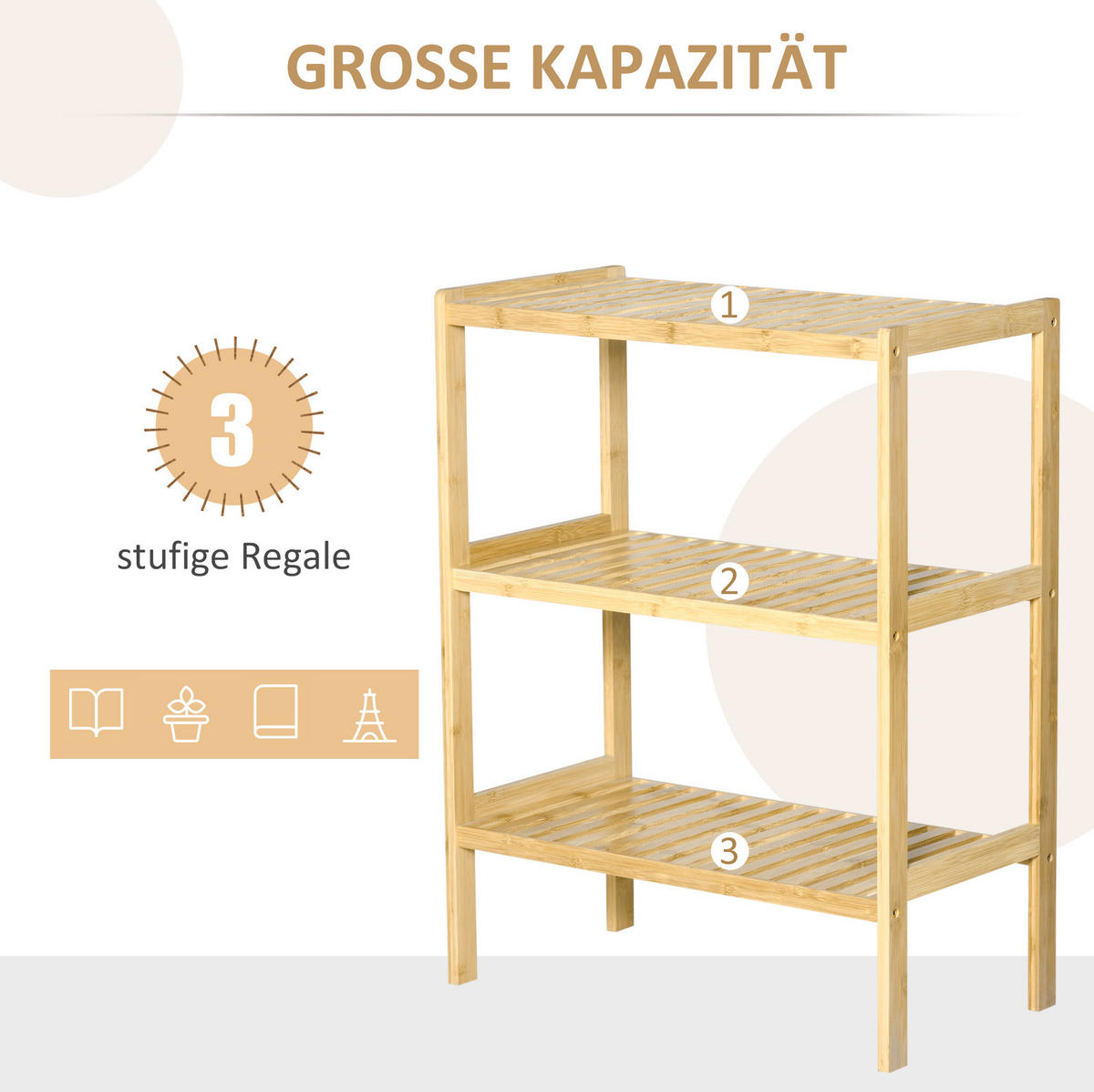 BADEZIMMERREGAL 62x33x80 cm Natur aus Bambus mit 3 Lattenregalen & hohem Sockel - Naturfarben, Naturmaterialien (62/80/33cm) - Modfu