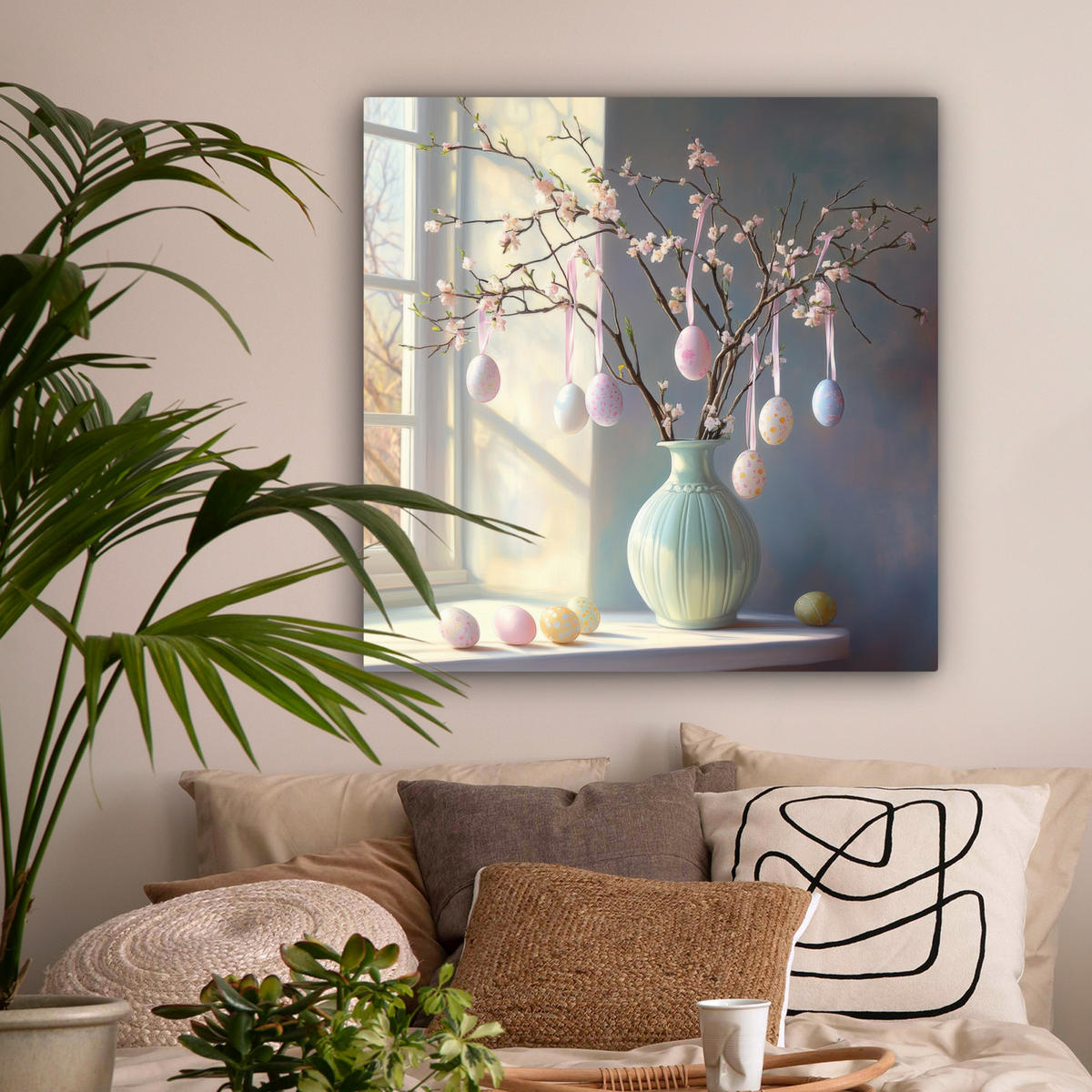 LEINWANDBILD Stillleben - Vase - Osterzweig Deko Groß 90x90 cm - Hellblau, Textil (90/90cm) - MuchoWow