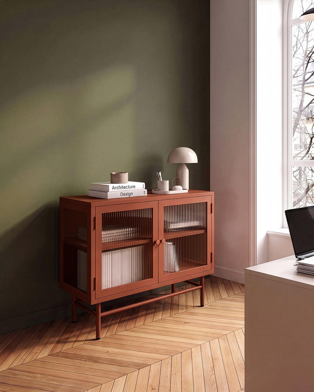 SIDEBOARD mit Glastüren Metall 77 cm Goldbraun Devon - Goldfarben/Braun, Metall (77/64/35cm) - Beliani