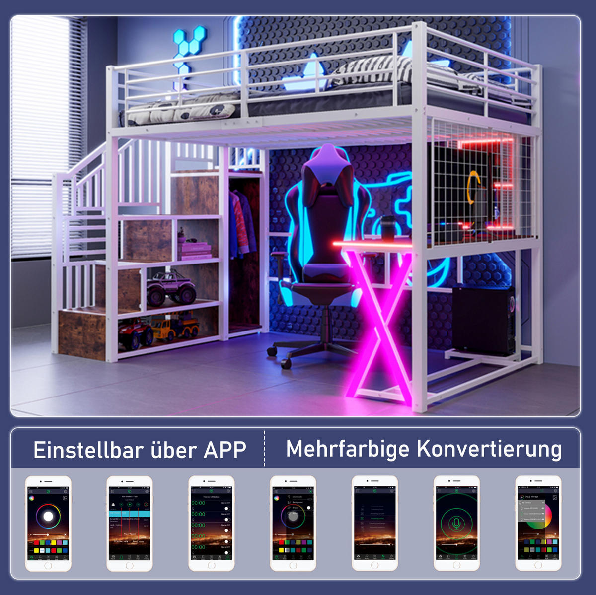 HOCHBETT 140/200 cm aus Metall und MDF mit LED-Beleuchtung, Schreibtisch und Kleiderschrank Weiß - Weiß, Metall (140/200cm) - Modenvie