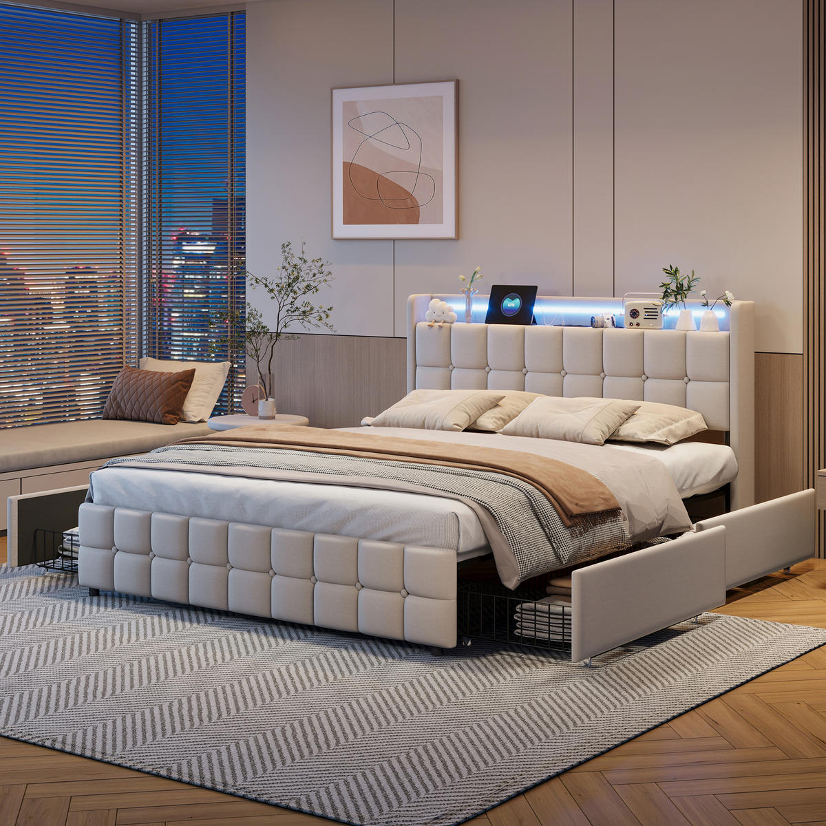 POLSTERBETT 180/200 cm,Doppelbett Beige mit 4 Schubladen und Lattenrost,Modernes Bettgestell - Beige/Naturfarben, Holz/Metall (180/200cm) - FURNISHINGS HOME