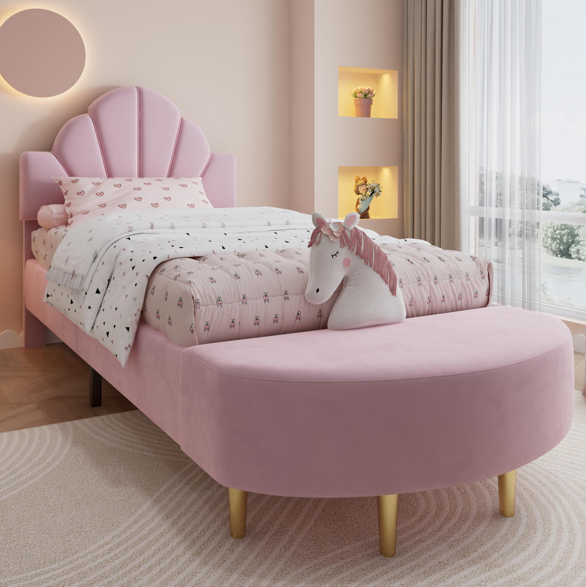 POLSTERBETT aus Samt 90x200 cm Rosa mit Bettbank und gepolstertem Kopfteil - Rosa, Textil (90/200cm) - IVMEU