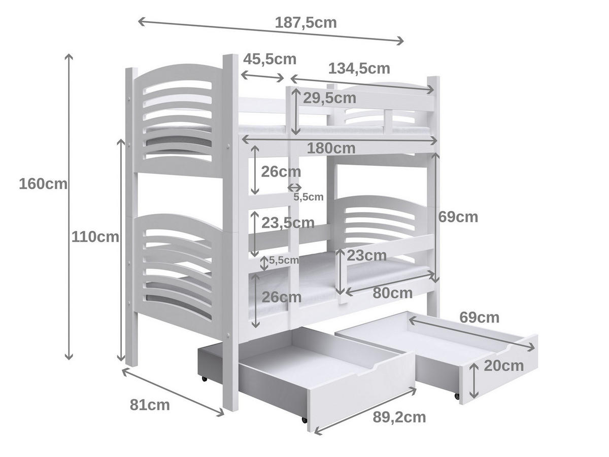 ETAGENBETT OHANA mit Bettkasten 75x180 cm Kieferfarben - Weiß/Kieferfarben, Holz (75/180cm) - MASSENO
