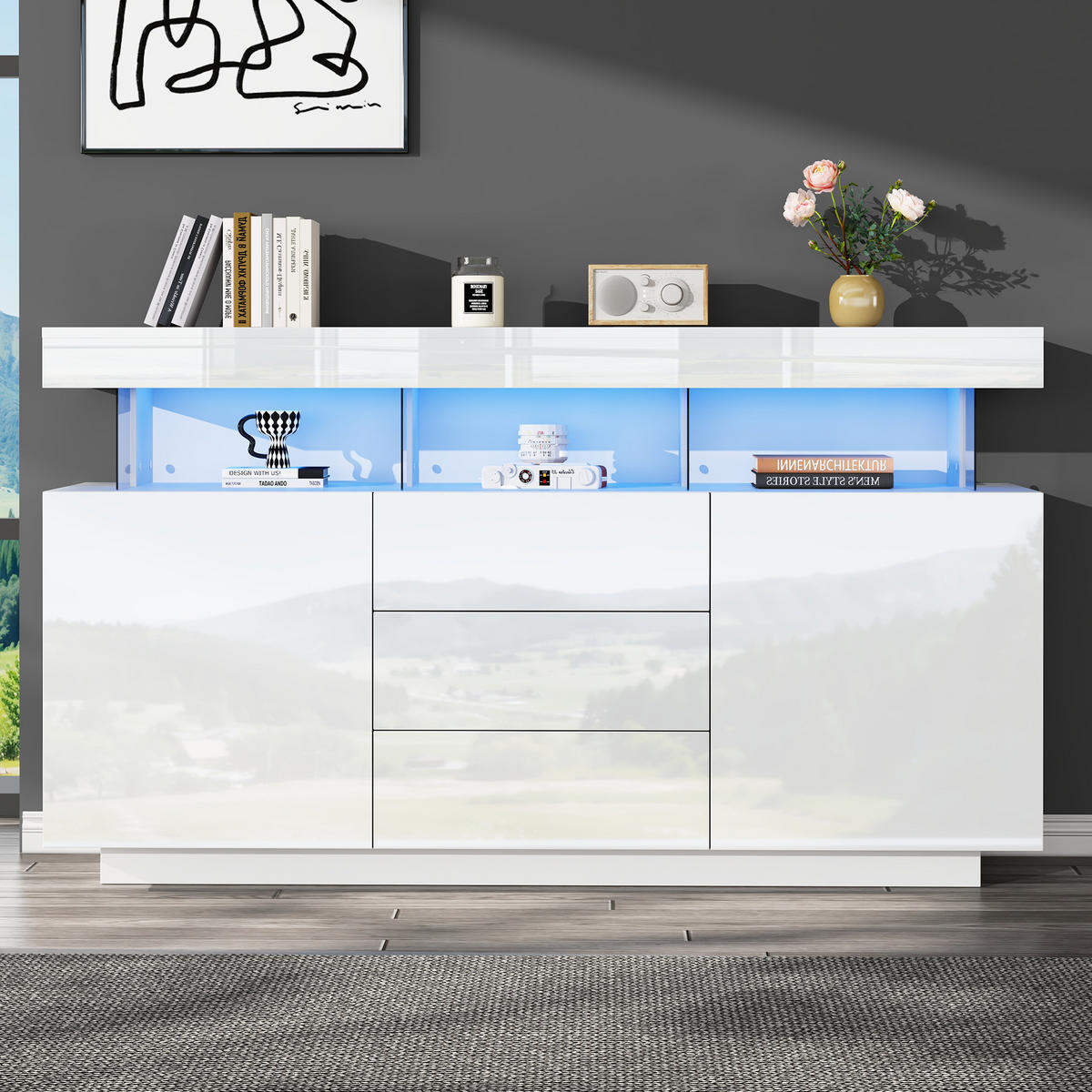 SIDEBOARD aus Spanplatte und Acryl 140x35x80 cm Weiß mit LED-Beleuchtung, 3 Schubladen und 2 Türen - Weiß, Holzwerkstoff (140/80/35cm) - IVMEU