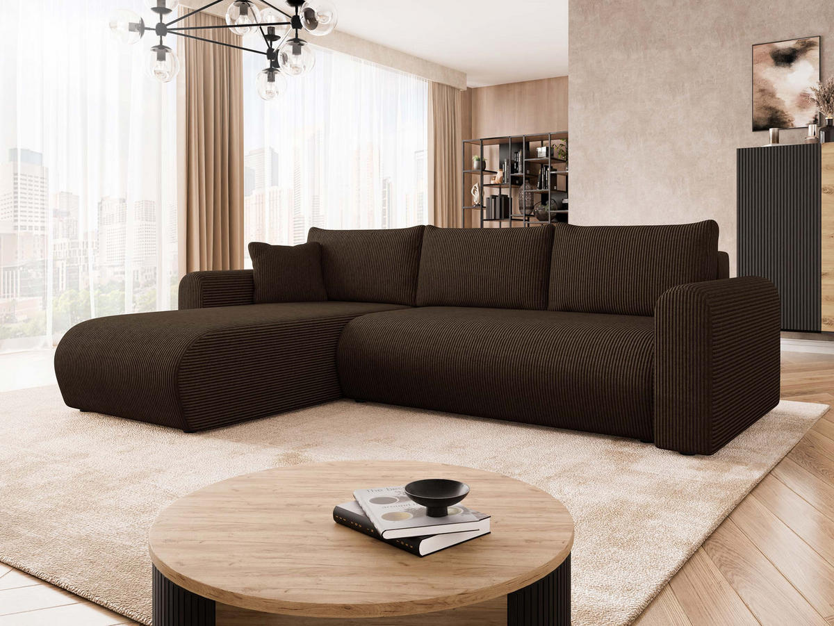 ECKSOFA Eliwo Cord - Schwarz/Braun, Holz/Textil (252/158cm) - MIRJAN24