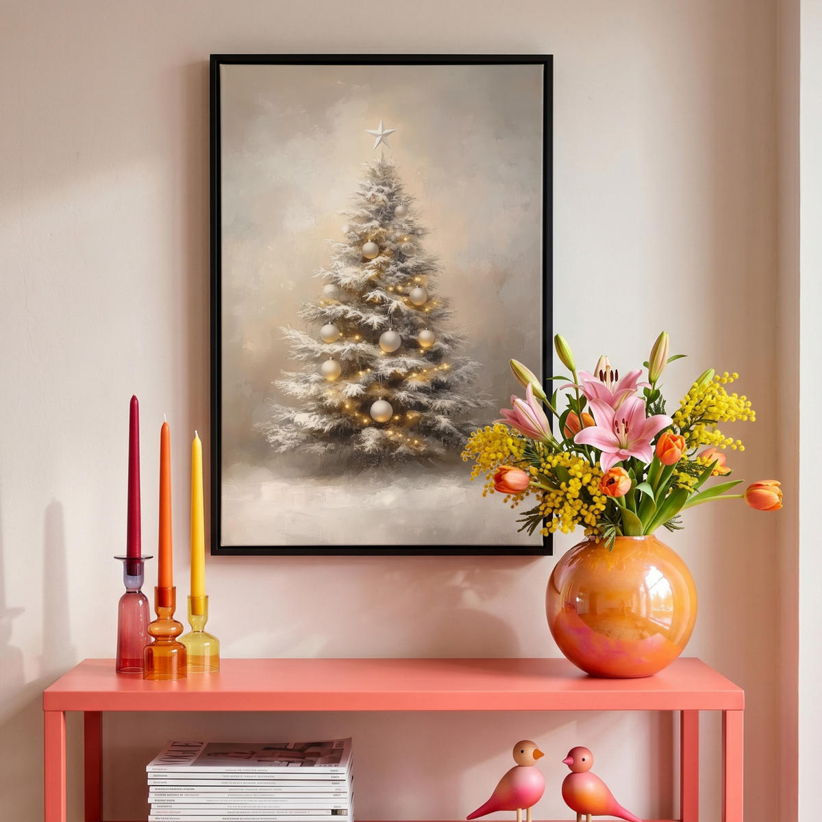 LEINWAND Bilder mit Rahmen - Weihnachten - Weihnachtsbaum - Schnee - Kunst - 40x60 - Champagner, Textil (40/60cm) - MuchoWow