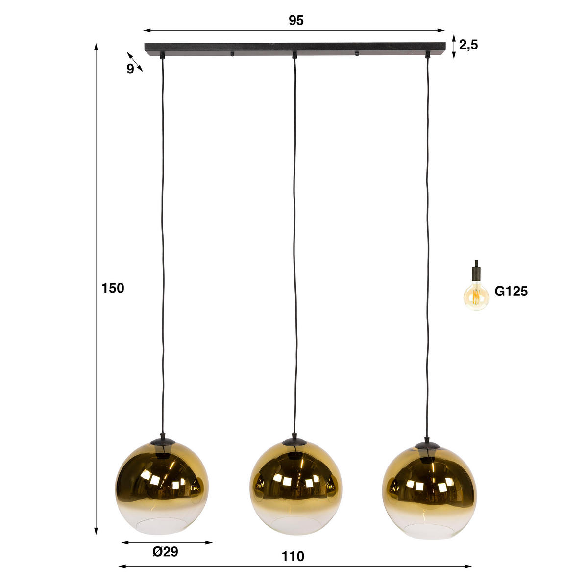 HÄNGELEUCHTE Bubble Gold 29/115/150 cm - Goldfarben, Glas (29/115/150cm) - Hoyz Collection