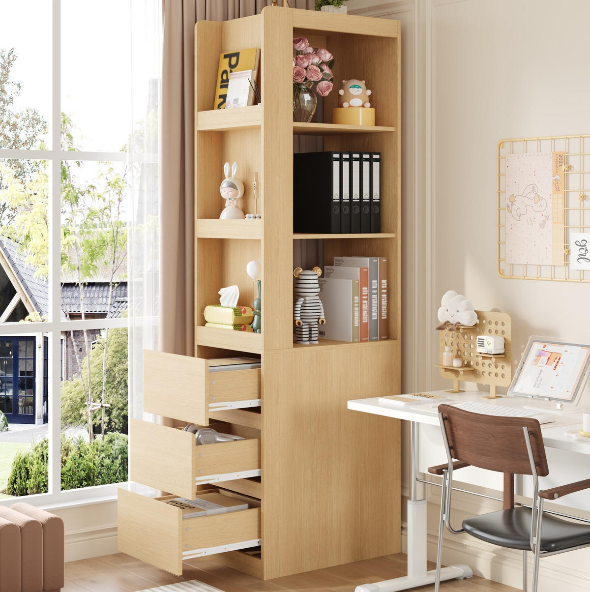 HIGHBOARD 60/40/200 cm in Eiche mit 3 offenen Fächern und 3 Schubladen - Eichefarben, Holzwerkstoff (60/200/40cm) - Flora Grace